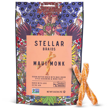 Stellar Pretzel Braids, Maui Monk Sweet Onion, 6 Large Snack Bags (5 Oz Each) Vegan Pretzel Rods, Sticks