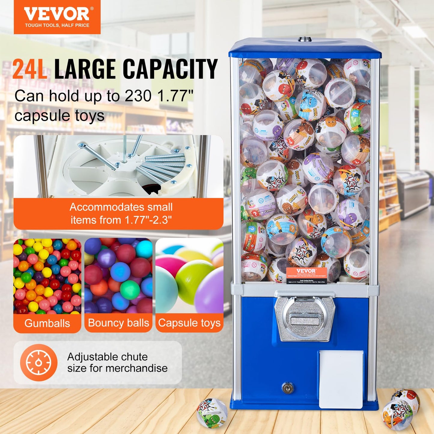 VEVOR Gumball Machine, 25 Height, Coin Operated Dispenser for 230 Capsule Toys, Blue