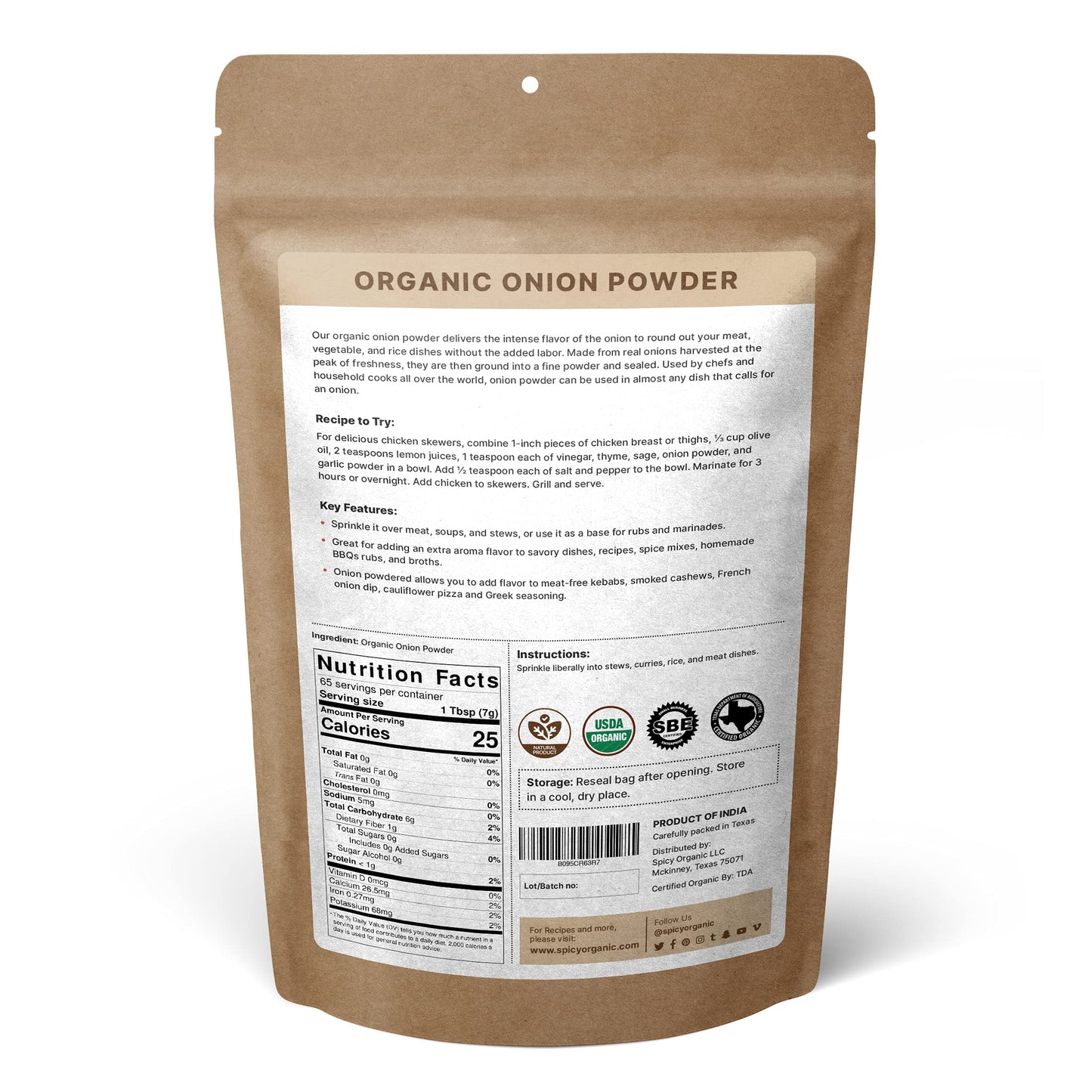 Spicy Organic Onion Powder - 16 Oz. - Certified Usda Organic - Non-Gmo - White Onion Powder Seasoning For Dressings, Dips, Casse