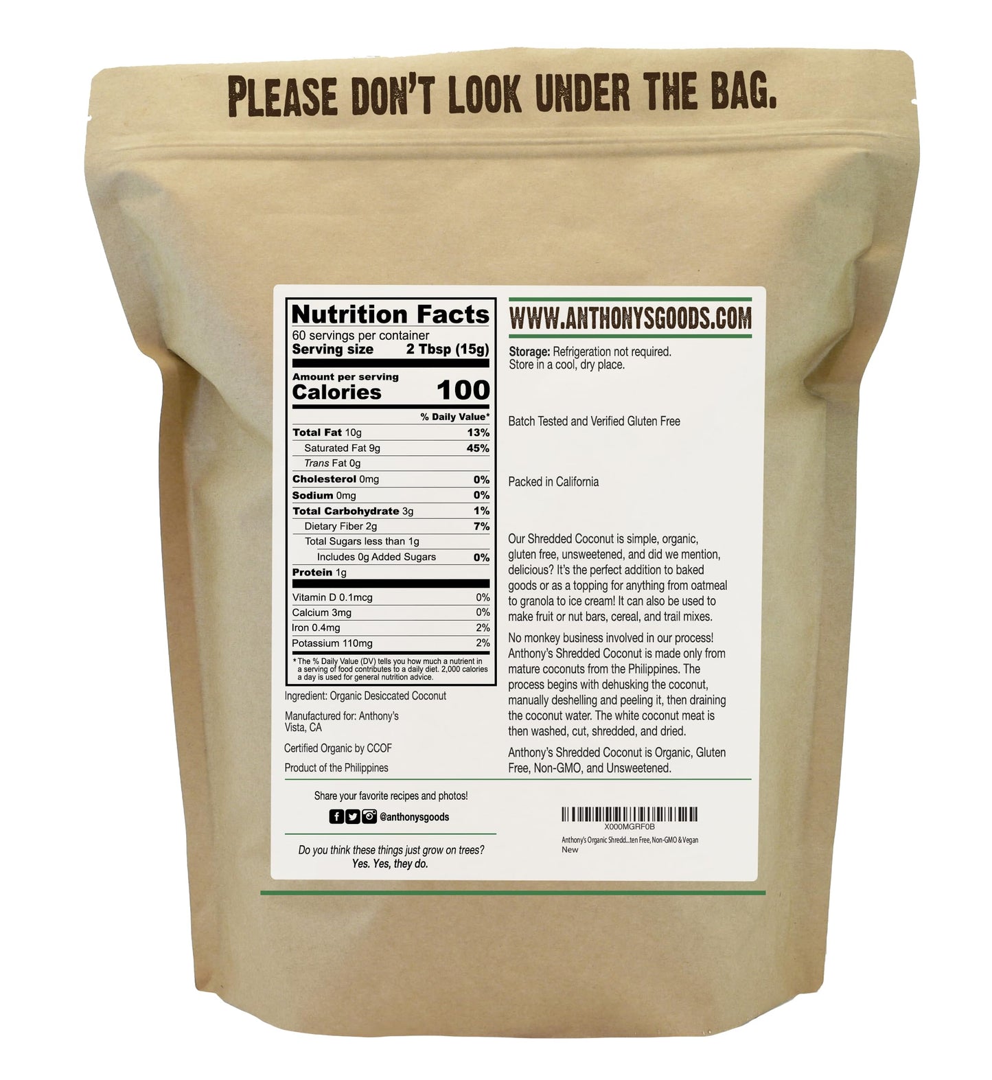 Anthonys Organic Shredded Coconut, 2 lb, Unsweetened, Gluten Free, Non GMO, Vegan, Keto Friendly