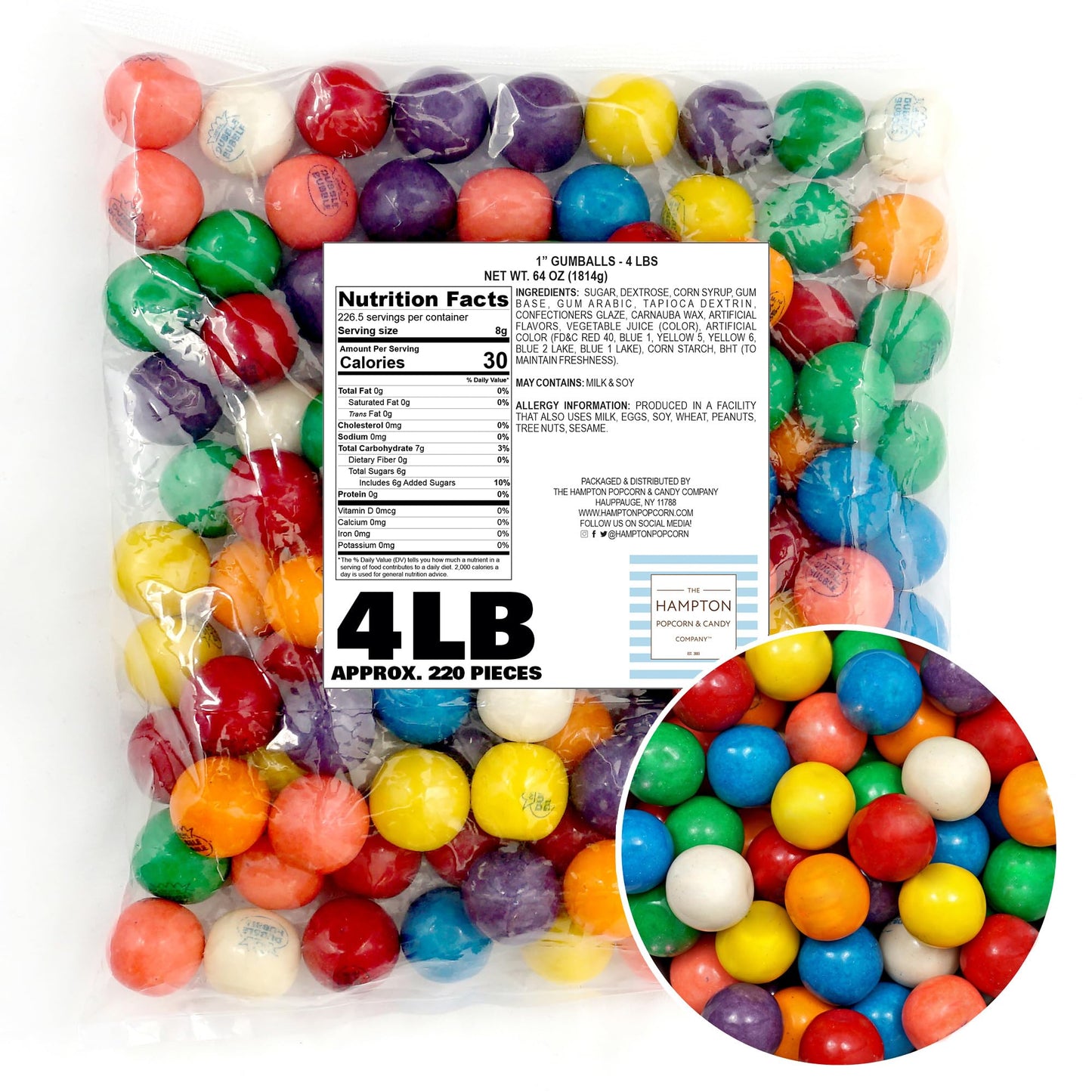 The Hampton Popcorn Company 1 Inch Gumballs, 220 Count Bulk Bag, Assorted Fruit Flavors
