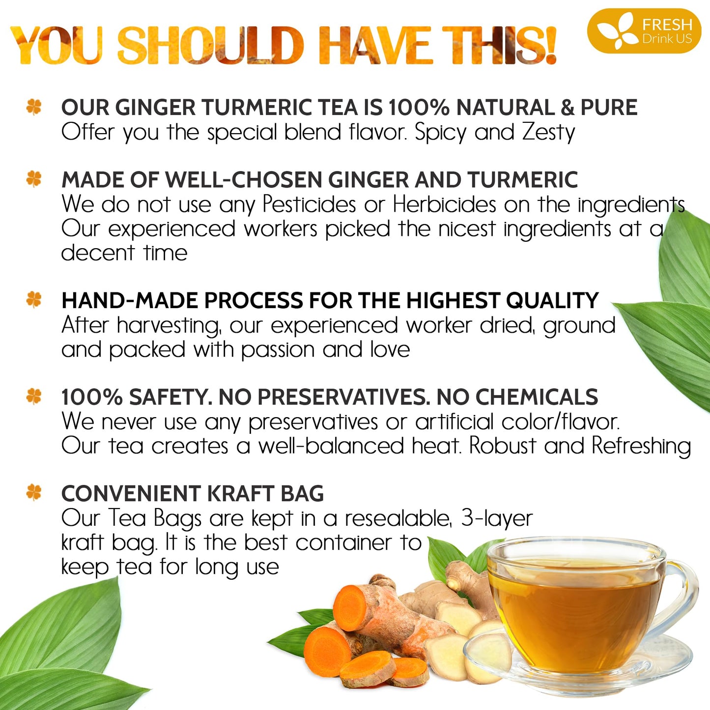 FRESHDRINKUS Premium Turmeric Ginger Tea Bags, 100% Natural, Vegan, 135 Bags