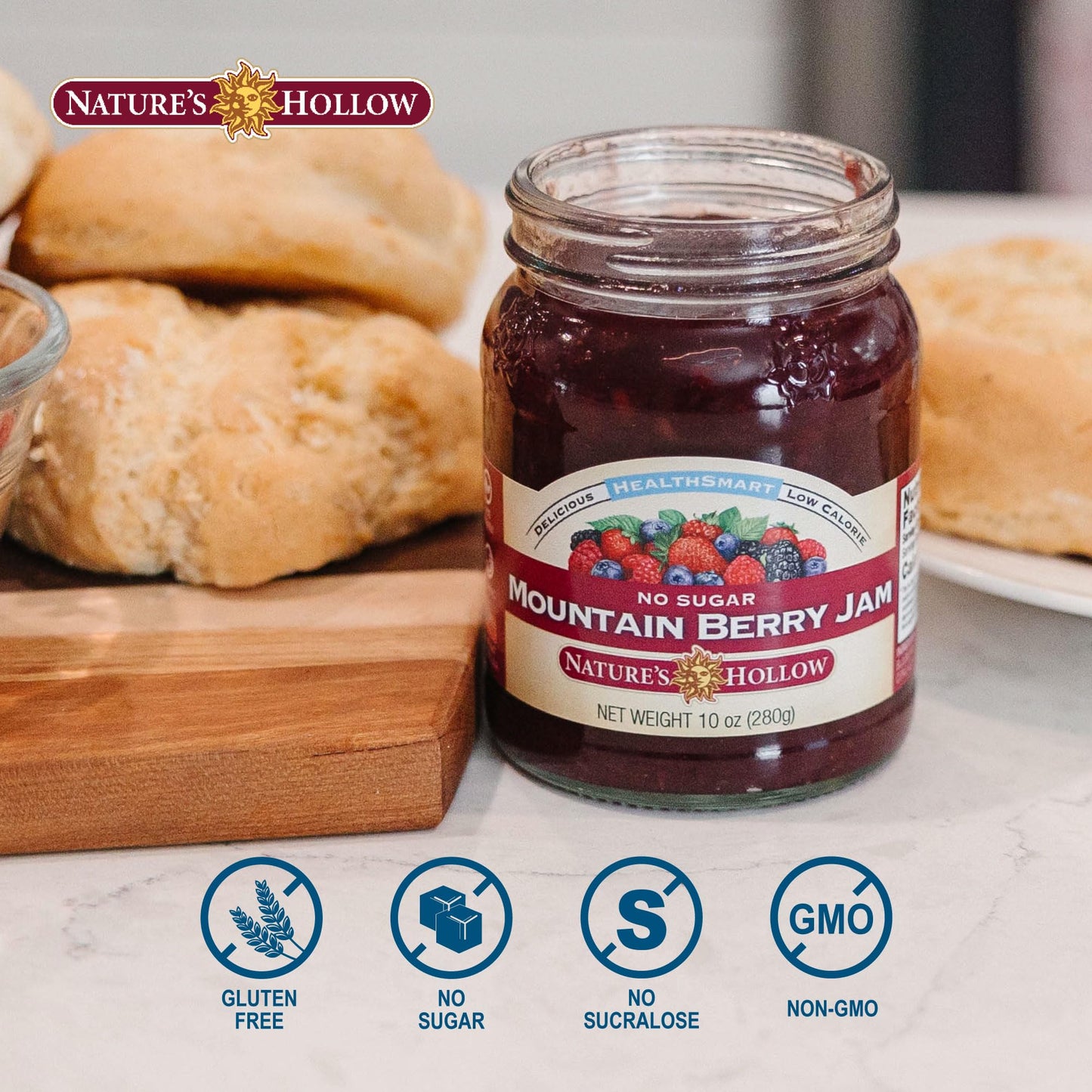 Natures Hollow Sugar Free Mountain Berry Jam, Vegan, Gluten Free, 10 Fl Oz, Pack of 6