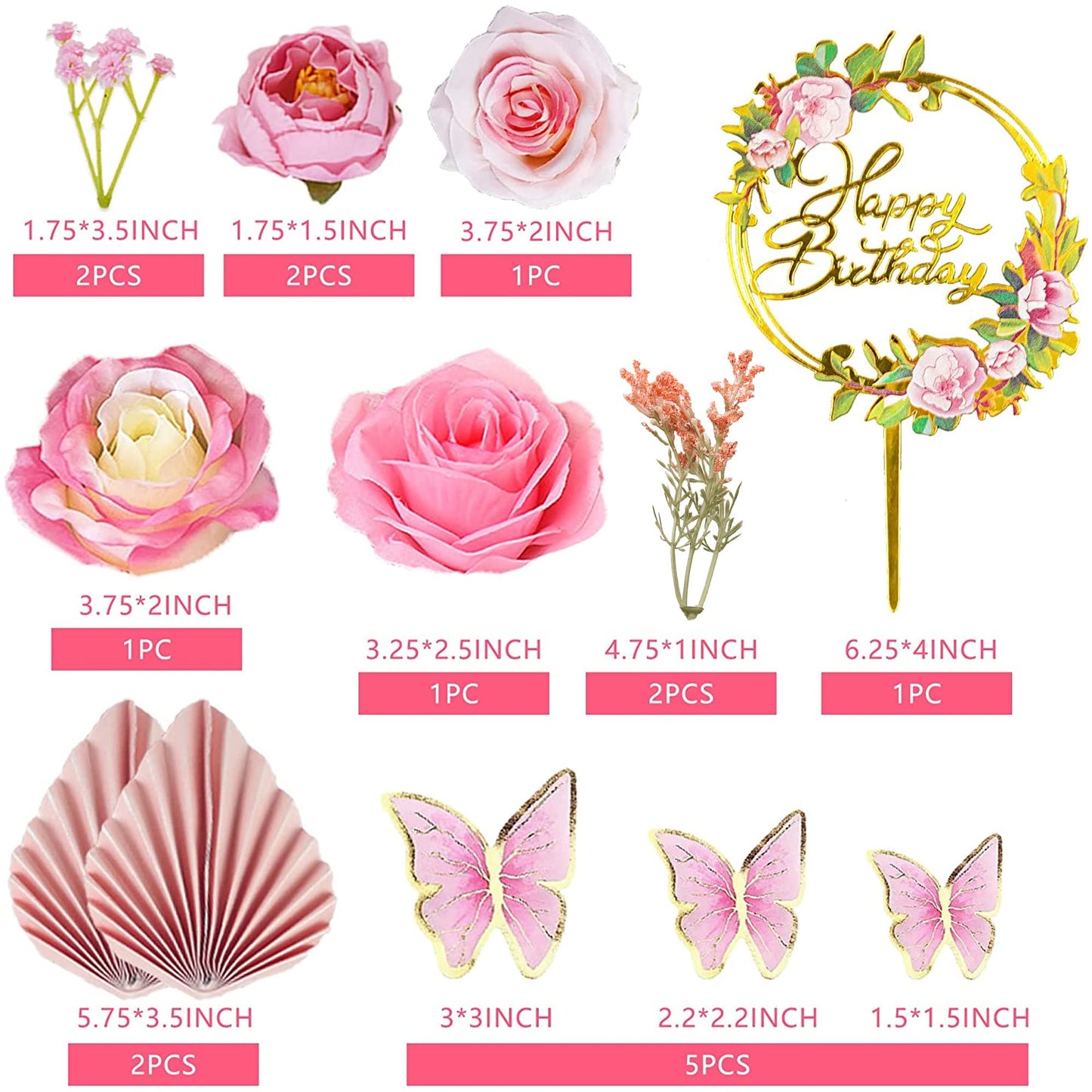 17 Pcs Flower Cake Toppers Boho Cake Toppers Butterfly Cake Decorations With Light Artificial Roses Eucalyptus And Butterflies F