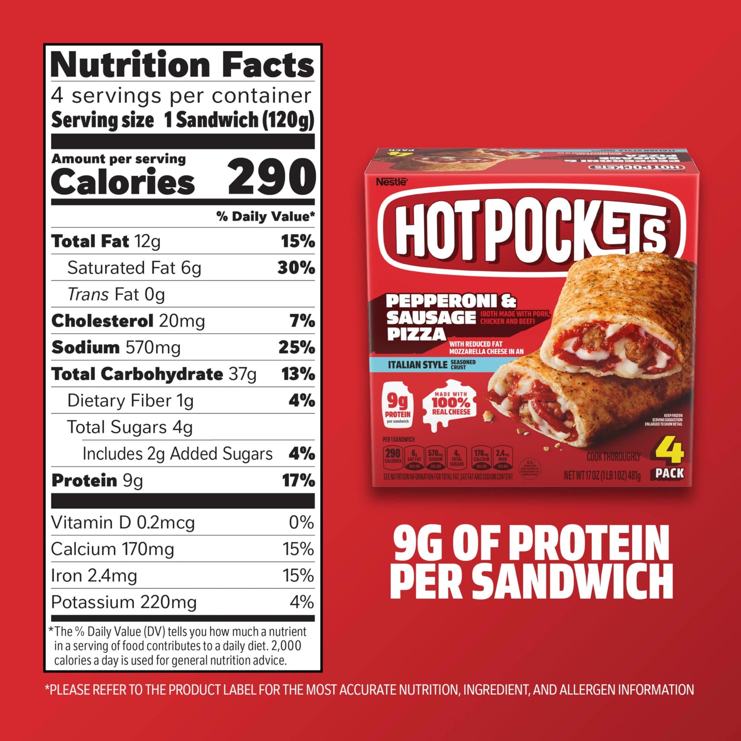 Hot Pockets Pepperoni and Sausage Pizza, Hot Pockets Frozen Sandwiches, Frozen Snacks, Air Fryer Snacks, 9g Protein, 4-Pack