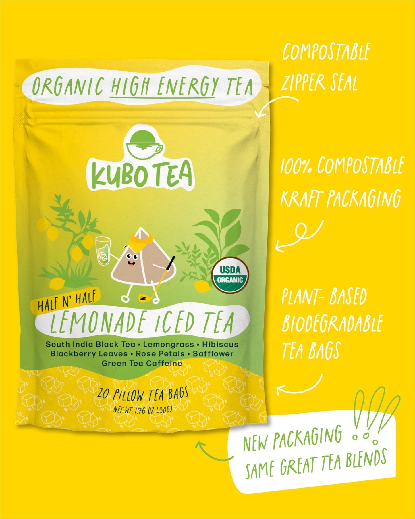 Kubo Tea High Caffeine Iced Tea Bags - Organic Half & Half Lemonade Black Tea, 20 Ct, 1.76 oz, Compostable Packaging