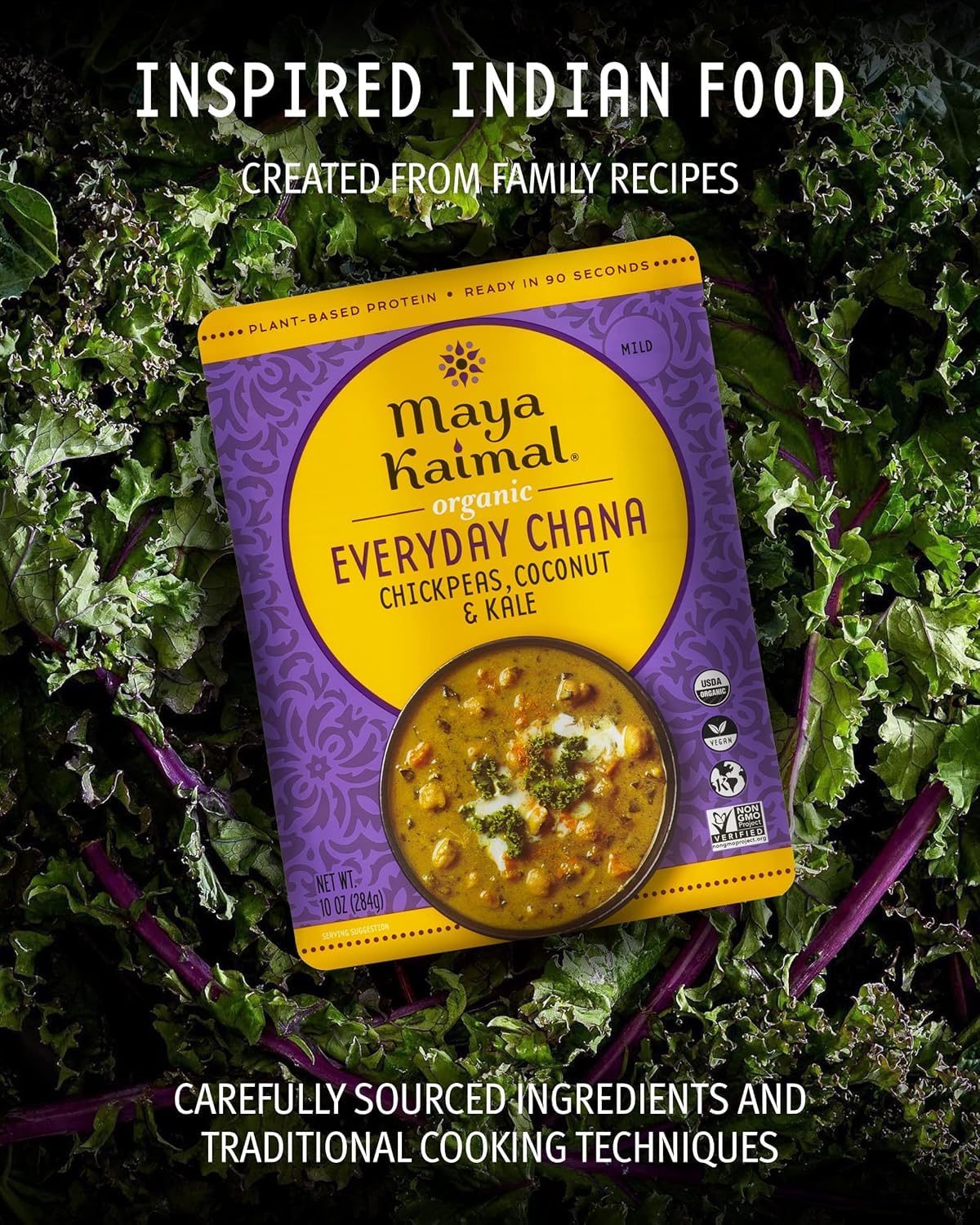 Maya Kaimal Foods - Organic Indian Everyday Chana - 10oz - Fully Cooked Chickpeas with Coconut & Kale - Vegan - Microwavable - R