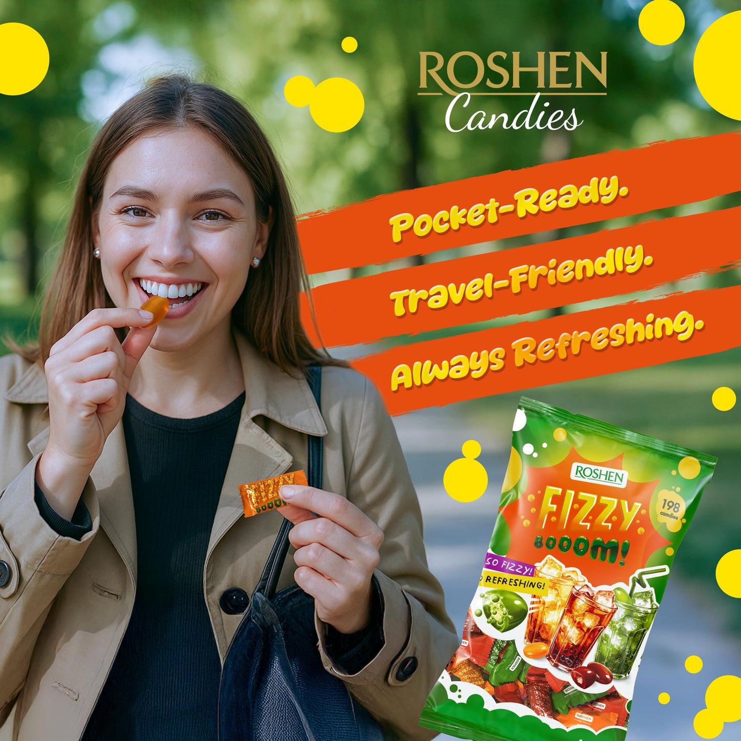 Roshen Fizzy Boom Candy - 2.2 lb Bulk Bag of Fizzy Hard Candies  Assorted Zesty Orange  Cola & Lemon-Lime Flavors - Retro Sour Candy  Individually Wrapped  Kosher  Halal  Hard Candy with Fizzy Center