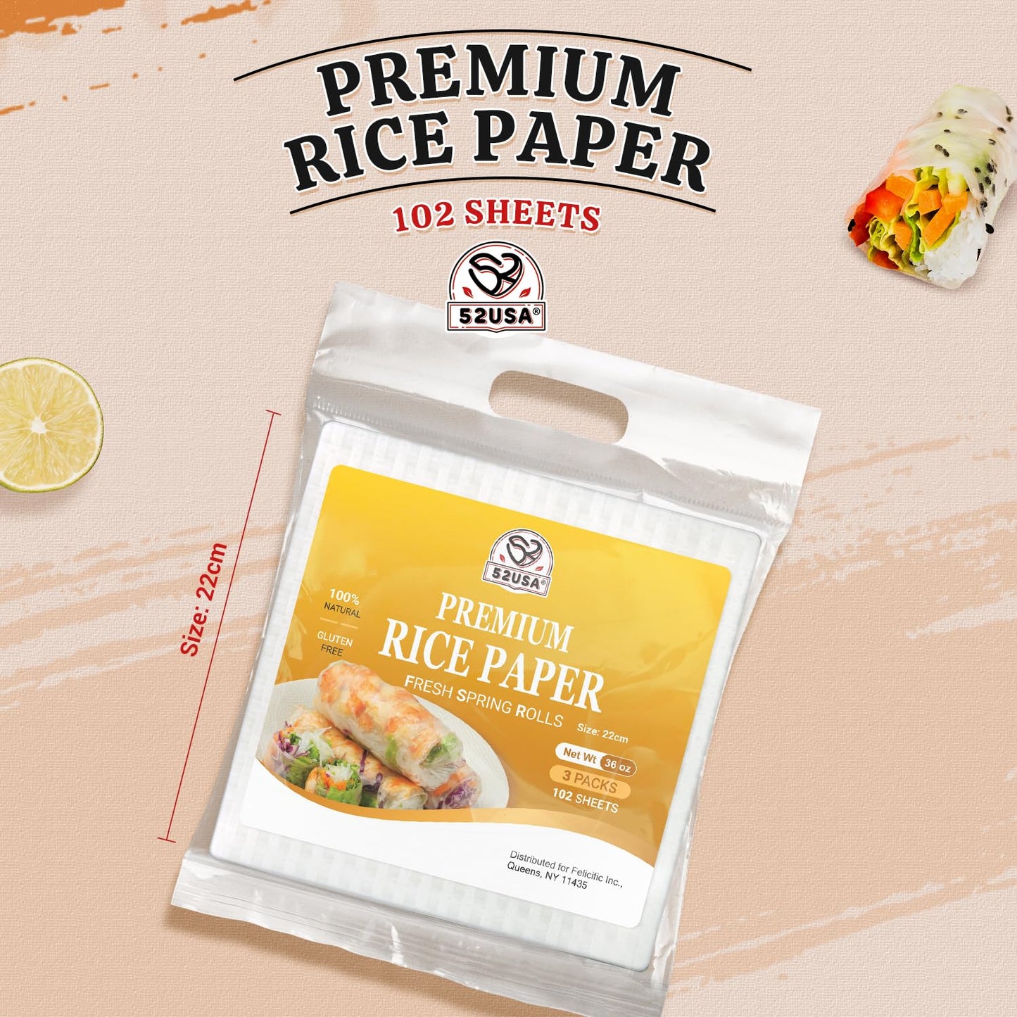 52Usa Square Rice Paper, 3 Pack, White Rice Paper Wrappers, Fresh Spring Roll Wrappers & Dumplings-102 Sheets, Gluten-Free Wonto