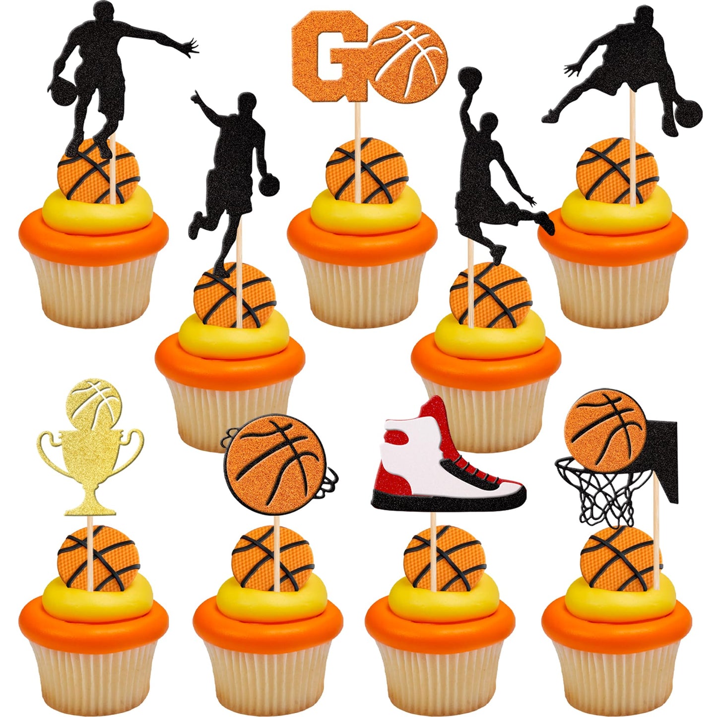 36 Pcs Basketball Cupcake Toppers Glitter Star Player Cupcake Picks Basketball Hoop Game Shoe Sports Ball Cake Decorations For Sports Theme Baby Shower Birthday Party Supplies