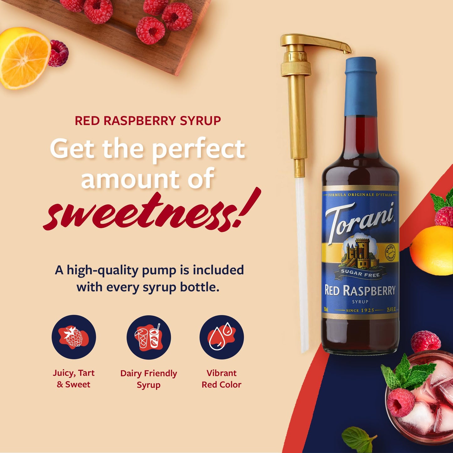 Torani Sugar Free Syrup, Red Raspberry, Dairy Friendly Flavoring For Drinks, Zero Calorie, Glass Bottle With Pump Included, 25.4