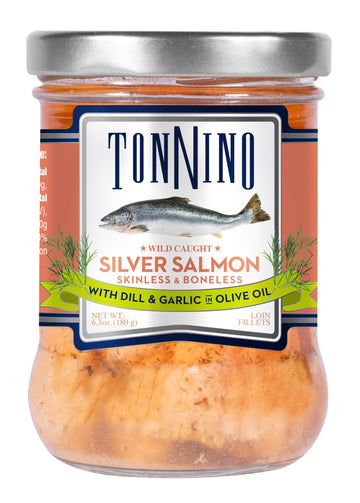 Tonnino Salmon Silver Fish, Dill & Garlic, Skinless & Boneless, 6.3 oz (Pack of 6) - Protein Snacks, Ready to Eat Meals