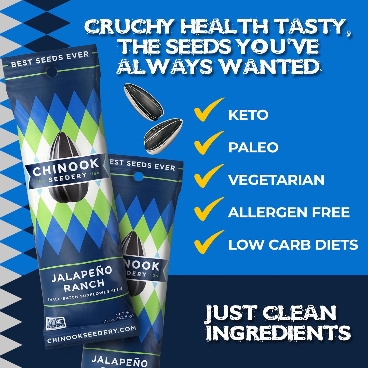Chinook Seedery Roasted Sunflower Seeds To Eat - Jumbo Low Sodium Sunflower Seeds Keto Snacks - Adventure, Baseball, School Snacks - Gluten Free, Non Gmo Snacks - 1.5 Oz (Pack Of 36) Jalapeno Ranch