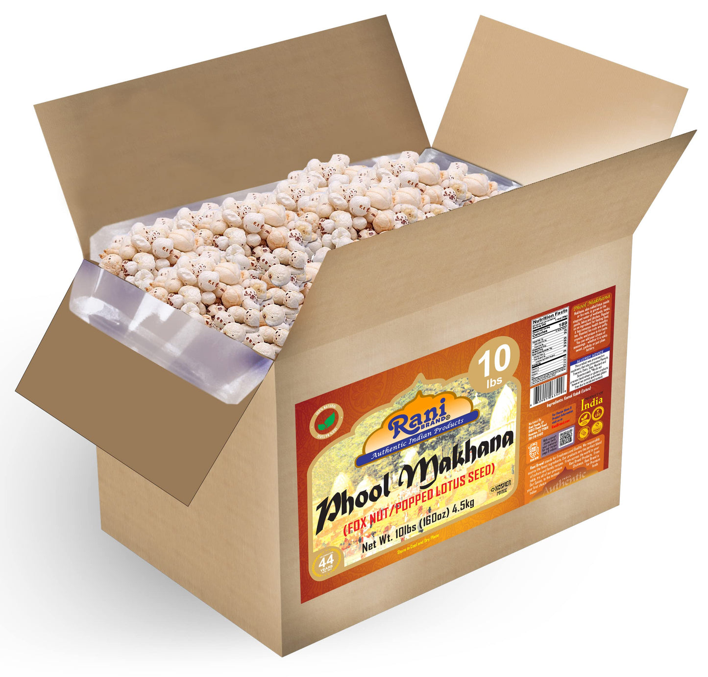 Rani Jumbo Phool Makhana Fox Nut, Plain Raw Uncooked, Vegan, 160oz (10lbs) Bulk Box, Non-GMO, Gluten Friendly, Indian Origin