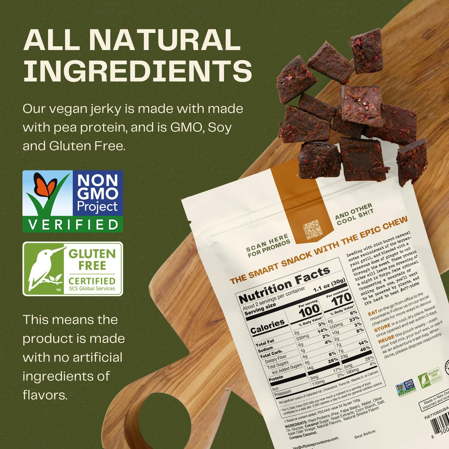 Off-Piste Teriyaki Plant-Based Jerky, 1.8Oz., Pack Of 3 - High Protein Healthy Snacks Vegan Jerky For Recovery, School, Office,