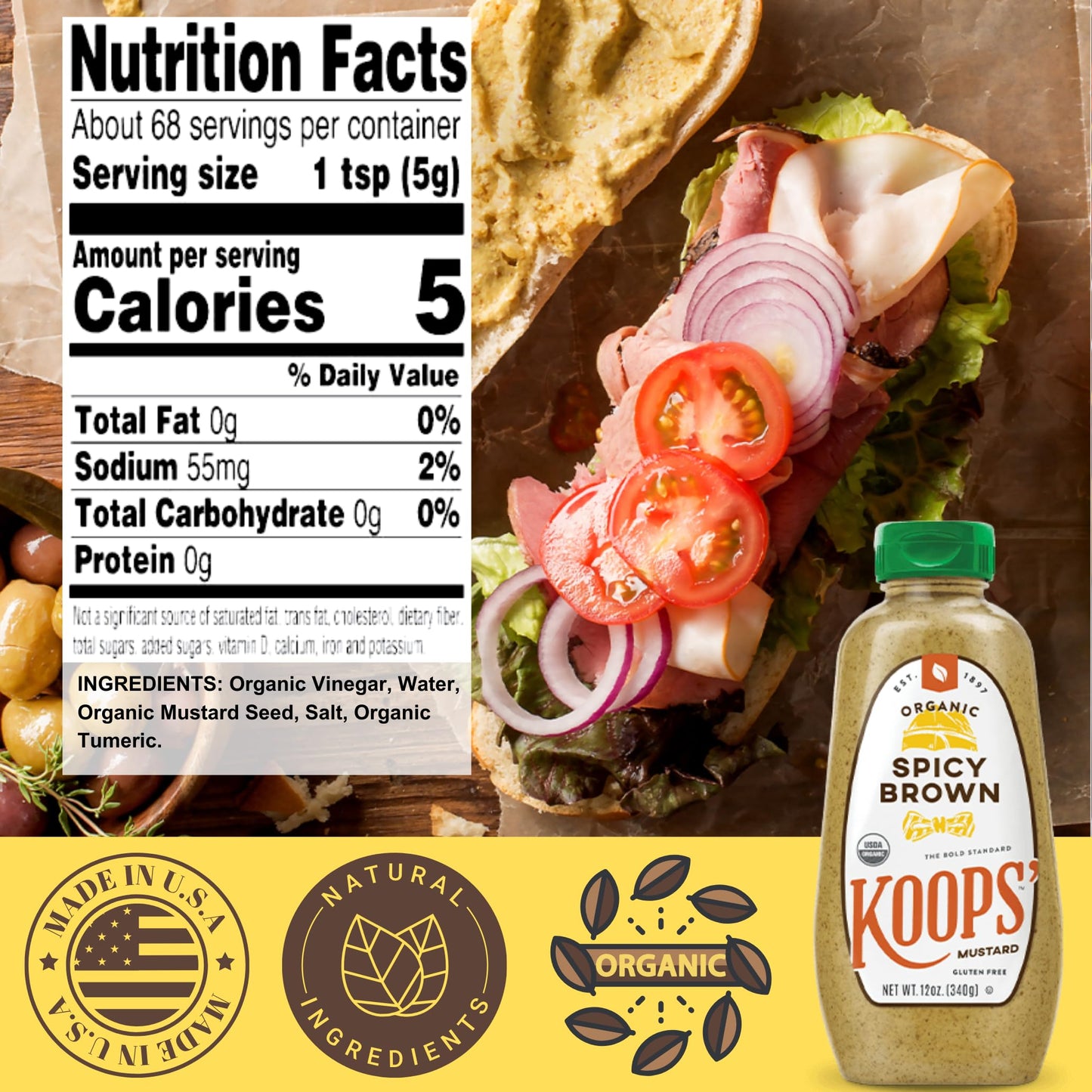 Koops' Organic Spicy Brown Mustard - Bold and Brown Mustard Sauce, Gluten-Free, Kosher, USDA Certified Organic, Made in USA, Fro