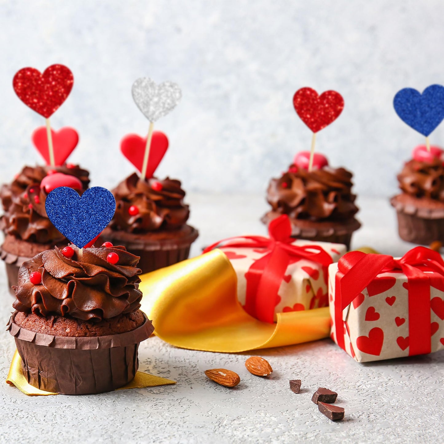 Gyufise 30Pcs Heart Cupcake Toppers Glitter Independence Day Cupcake Picks Valentine'S Day Cake Decorations For Wedding Engageme