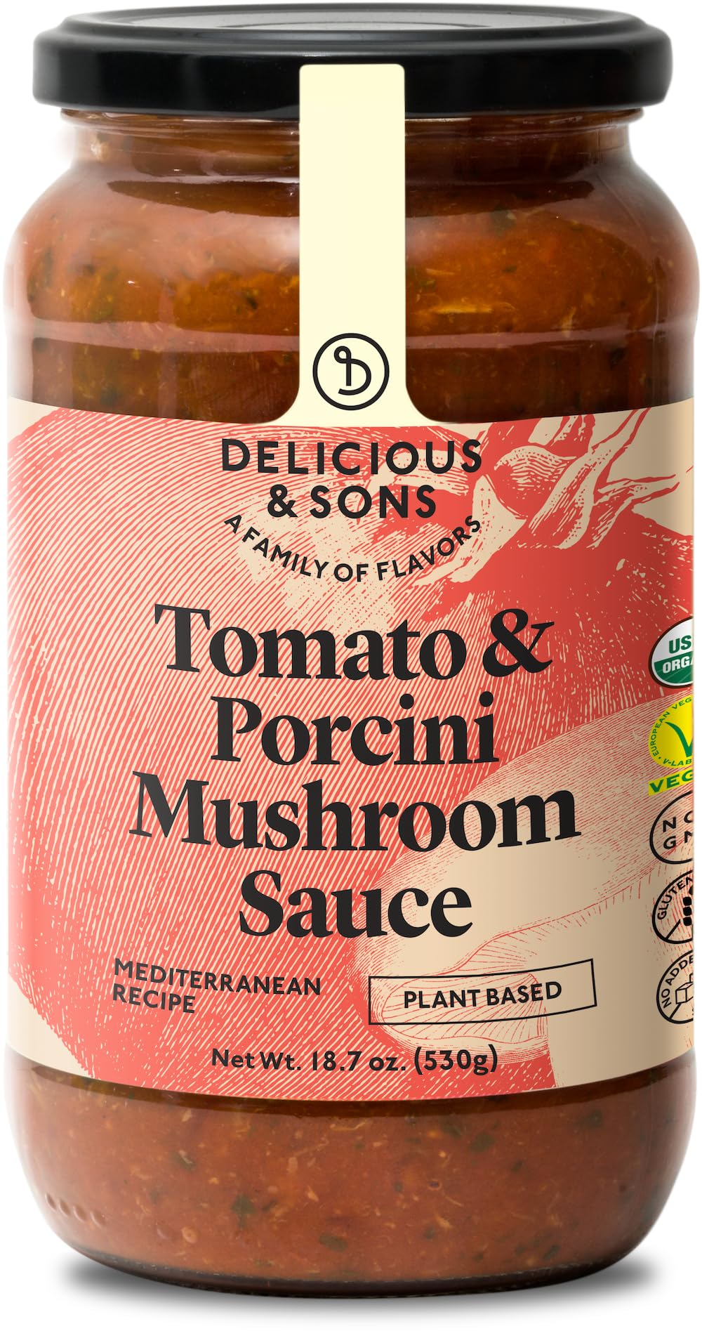 Delicious & Sons - Organic Tomato & Porcini Mushroom Italian Pasta Sauce (18.70 oz) - Non-GMO - Gluten-free - Vegetarian and Veg