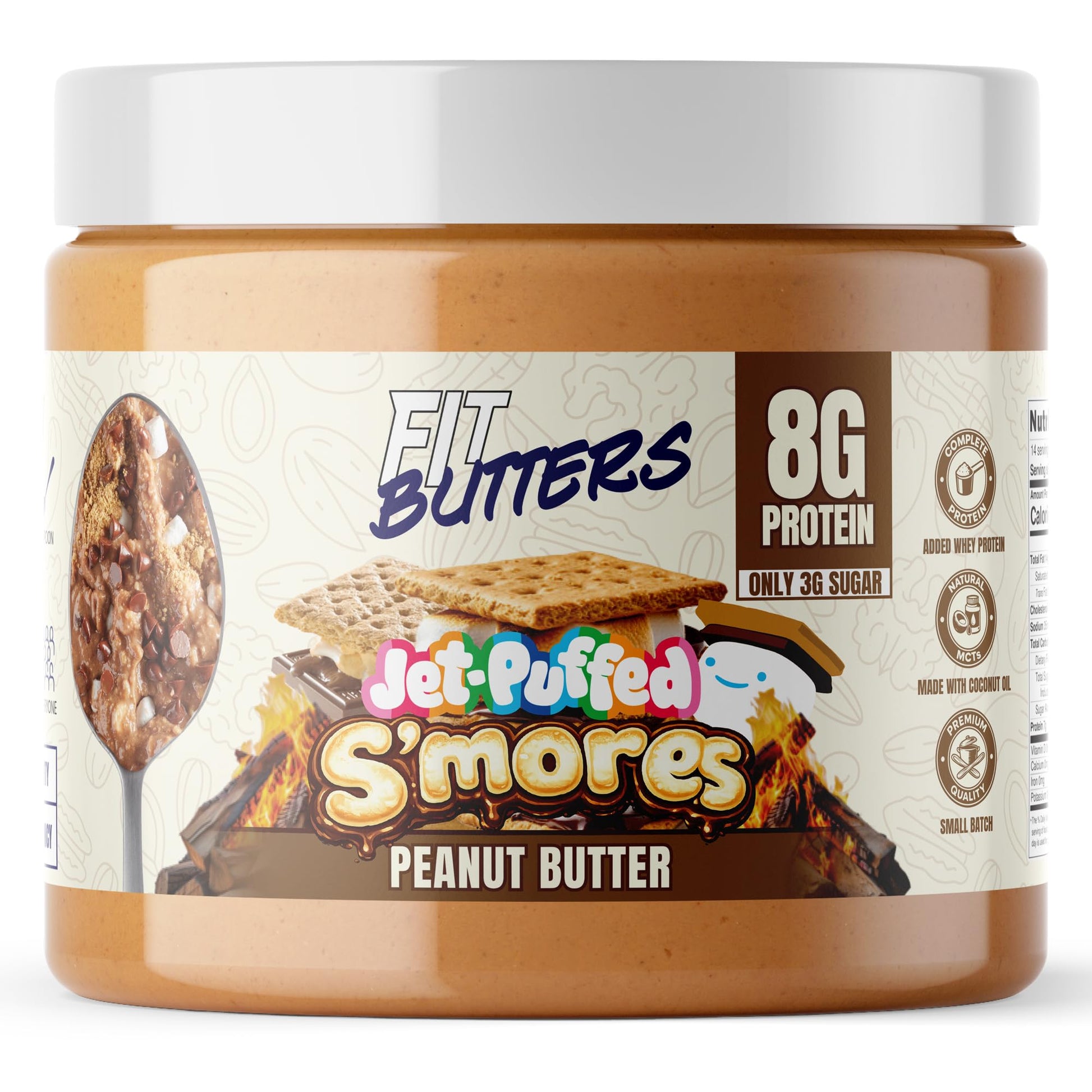 Fit Butters JET-PUFFED Smores Peanut Butter - Added Whey Protein and Coconut Oil, Low Carb, Low Sugar, Complete Protein Dessert