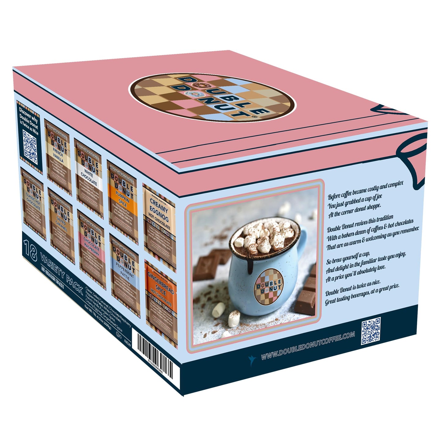 Double Donut Coffee Flavored Hot Chocolate Packets Variety Pack 18 Count Includes Classic  White Chocolate  Chocolate Raspberry  Salted Caramel  Pumpkin  French Vanilla & Peppermint