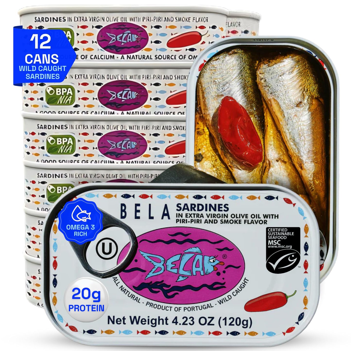 BELA Wild Caught Sardines in Piri Piri Olive Oil, 4.25 Oz (Pack of 12), All Natural, High Protein, Omega 3 Rich