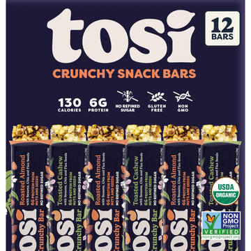 Tosi Almond and Cashew Protein Bars Combo, Plant Based with Nuts, Gluten-Free Crunchy Snacks, Vegan, Organic, Flax & Chia Seeds,