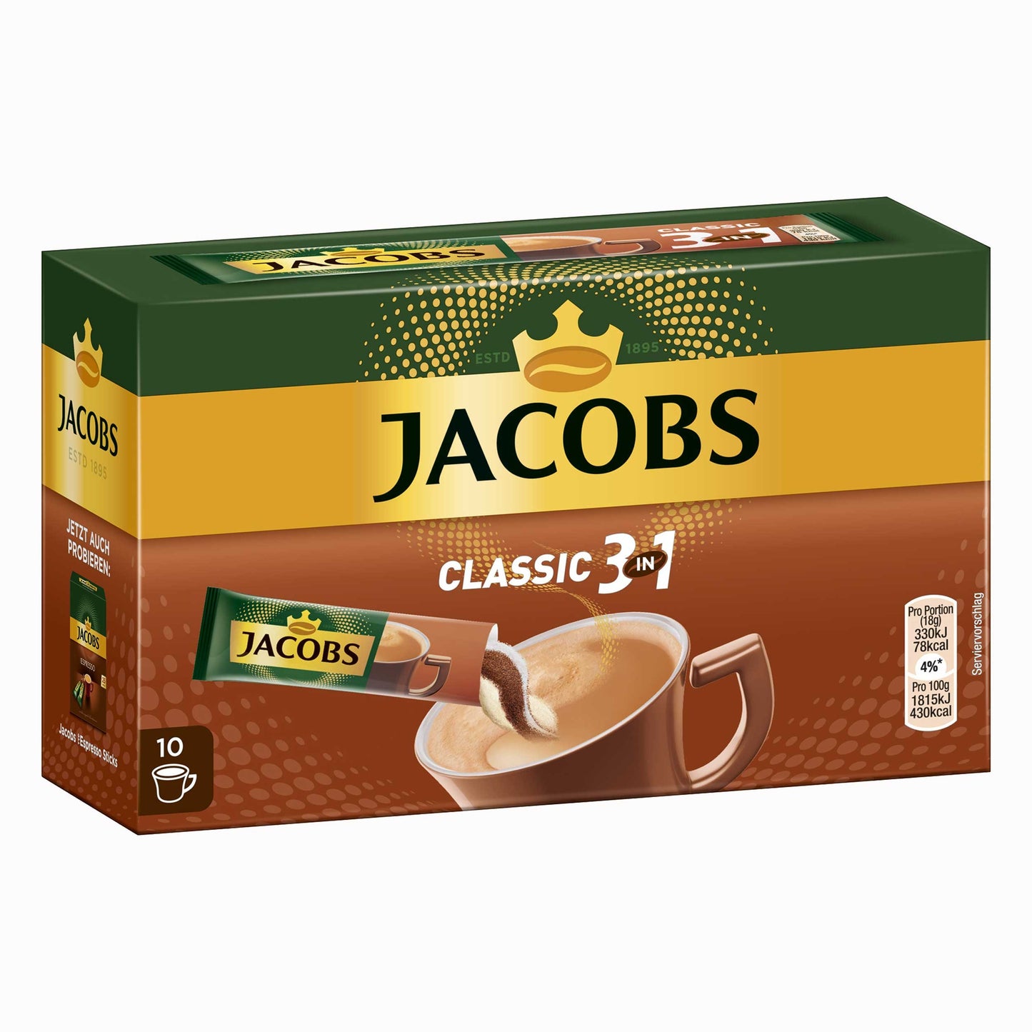 Jacobs 3In1 Classic Instant Coffee Sticks, 10 Single Servings (Pack Of 1)