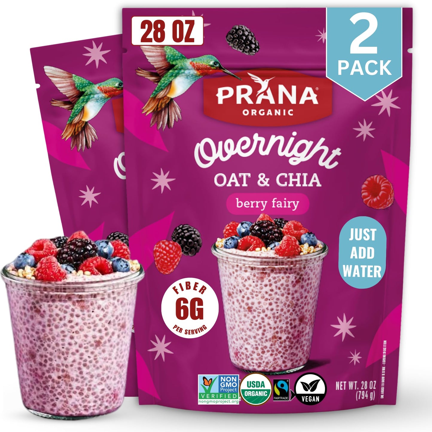 Prana Organic Overnight Chia With Oats Berry Fairy | Rich In Fiber & Protein, Vegan, Non-Gmo | Ready To Eat Breakfast - 28 Oz Bags - 2 Pack
