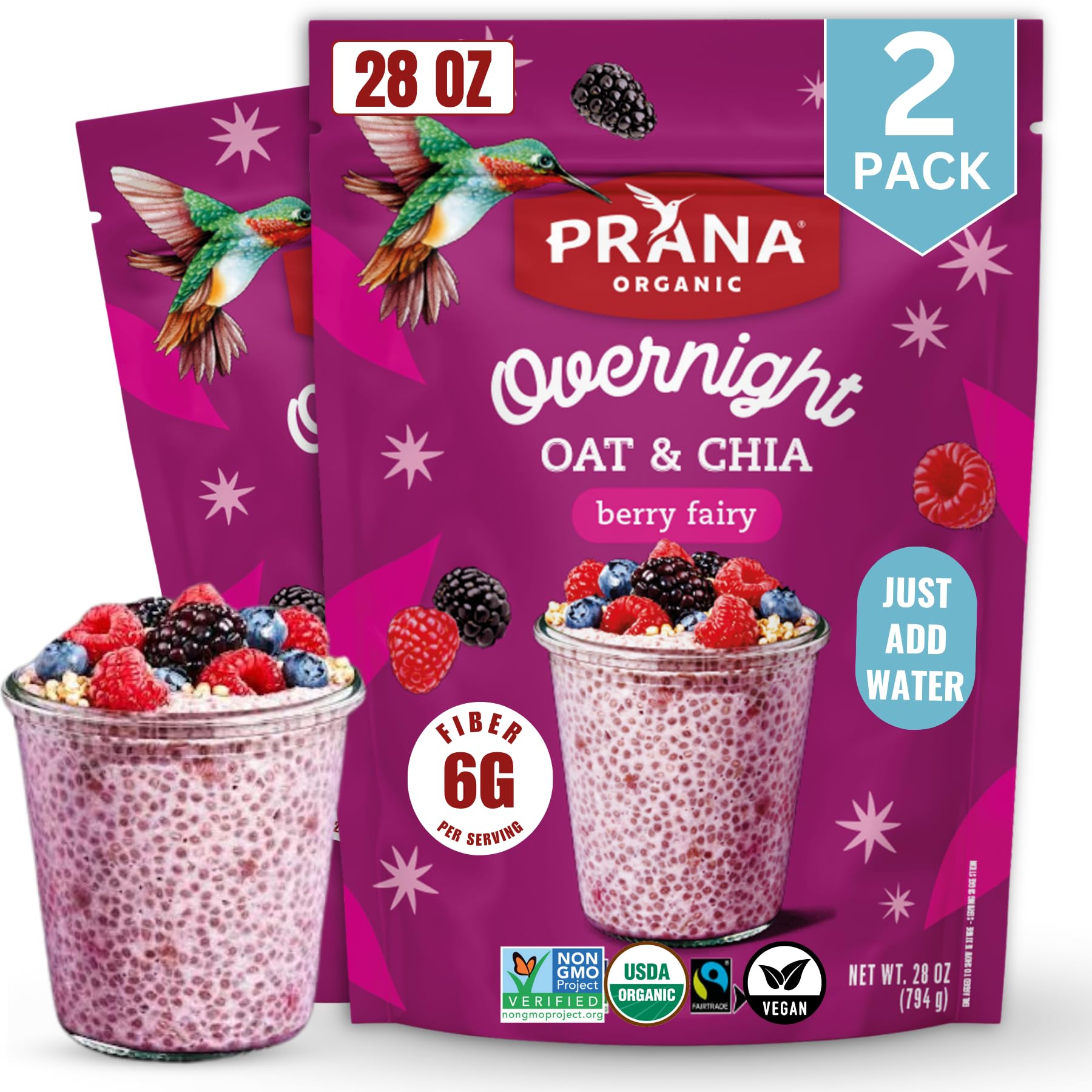Prana Organic Overnight Chia With Oats Berry Fairy | Rich In Fiber & Protein, Vegan, Non-Gmo | Ready To Eat Breakfast - 28 Oz Bags - 2 Pack