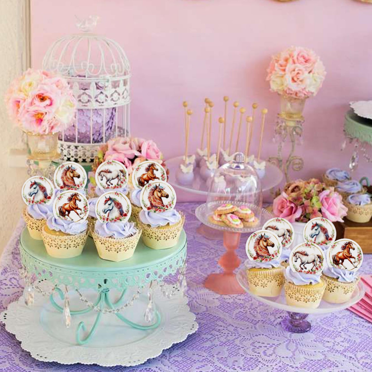 40 Pcs Horse Cupcake Toppers Wafer Paper Flower Horse Cupcake Picks Drink Topper Horse Racing Party Baby Shower Wedding Girls Bi
