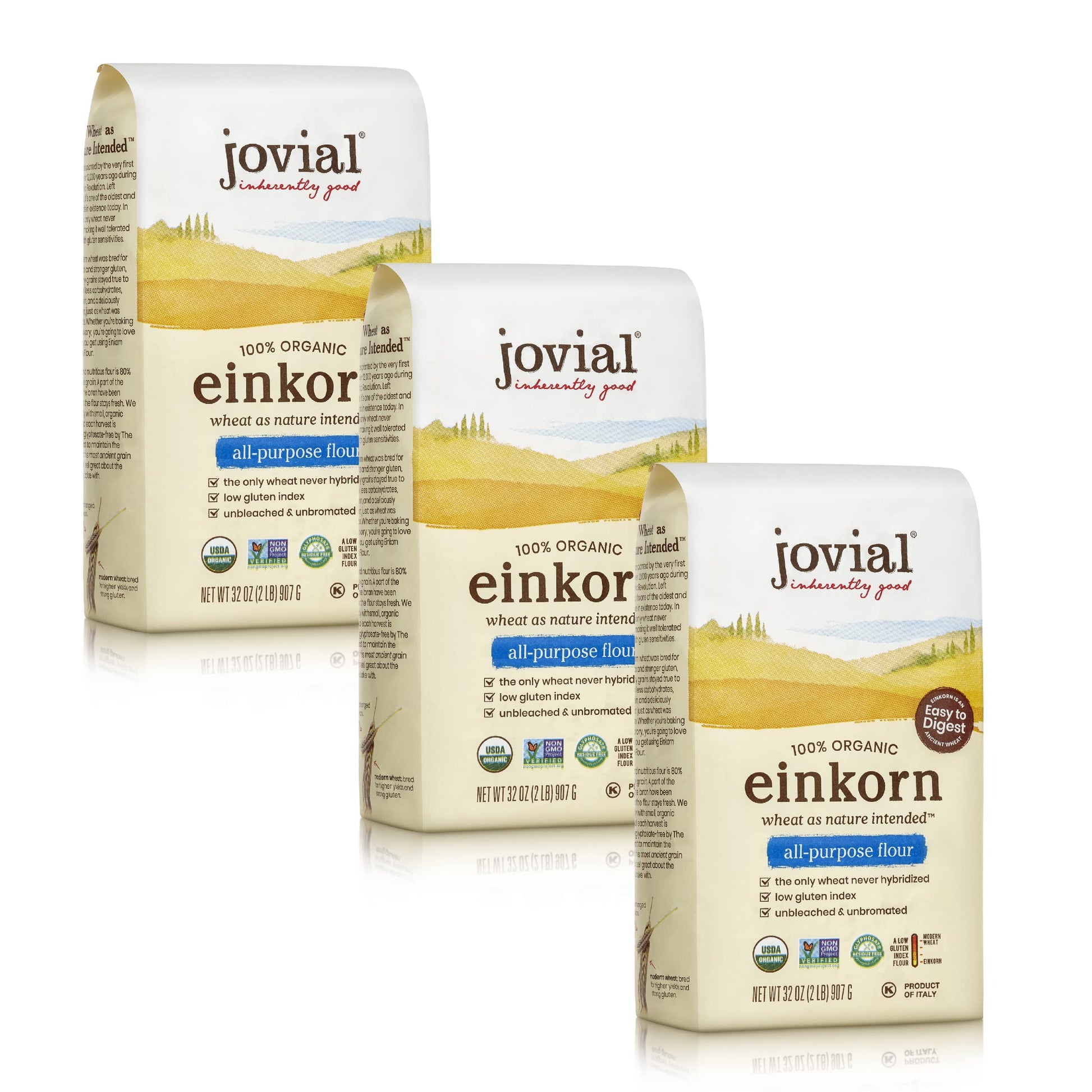 Jovial Organic Einkorn All Purpose Flour, High Protein, Non-GMO, 32 Oz, 3 Pack