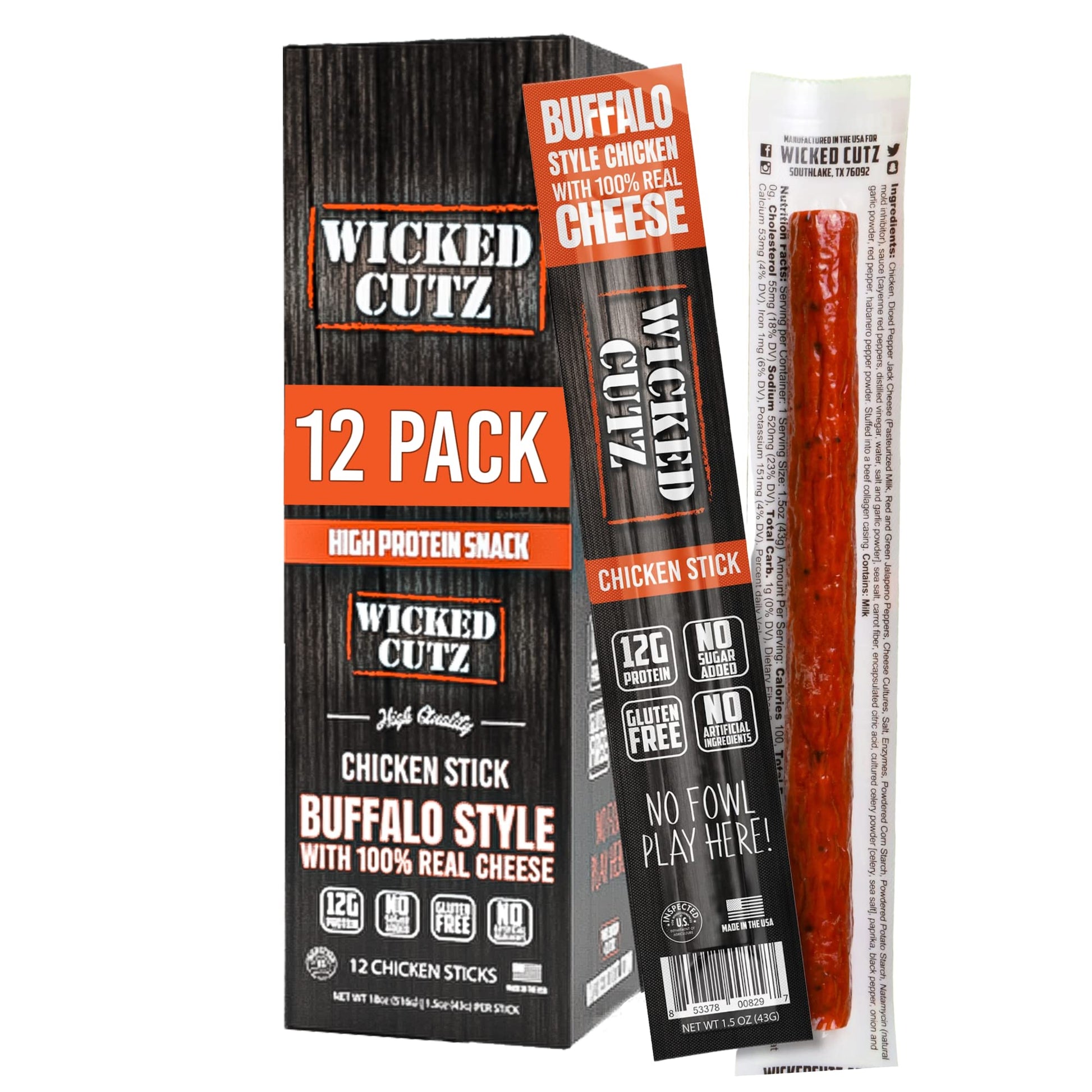Wicked Cutz Meat & Cheese Sticks, Buffalo Chicken & Pepper Jack, 12 Pack, 1.5oz, Gluten Free, High Protein Snacks