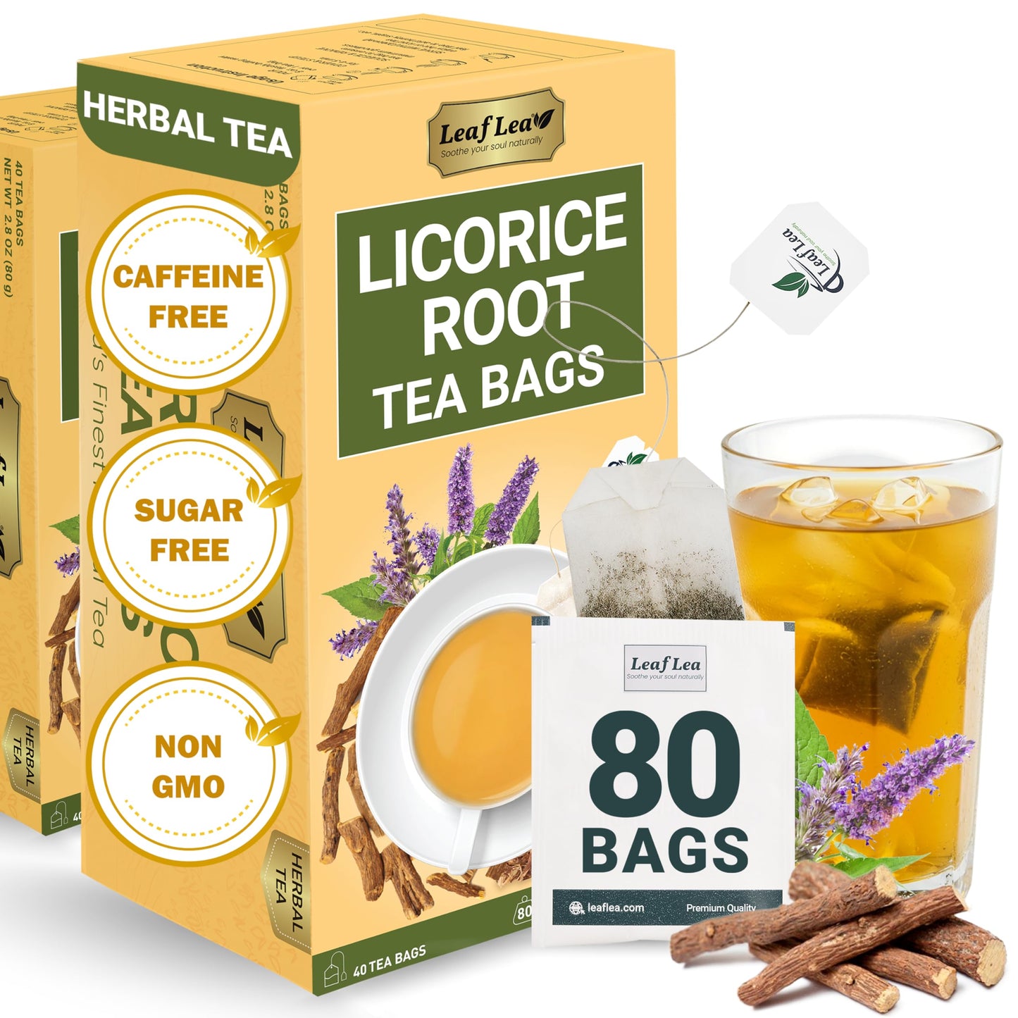 Leaflea 80 Licorice Root Tea Bags  Pure Licorice Spice Tea  Naturally Sweet  Te De Regaliz Herbal Gently Supports Relaxation And Digestive Comfort  Nutrient-Rich  Vegan  Sugar- Free  Energy Blend Free