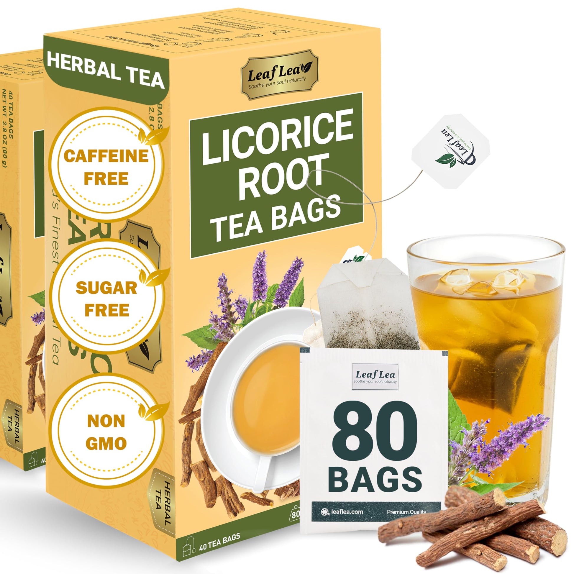 Leaflea 80 Licorice Root Tea Bags  Pure Licorice Spice Tea  Naturally Sweet  Te De Regaliz Herbal Gently Supports Relaxation And Digestive Comfort  Nutrient-Rich  Vegan  Sugar- Free  Energy Blend Free