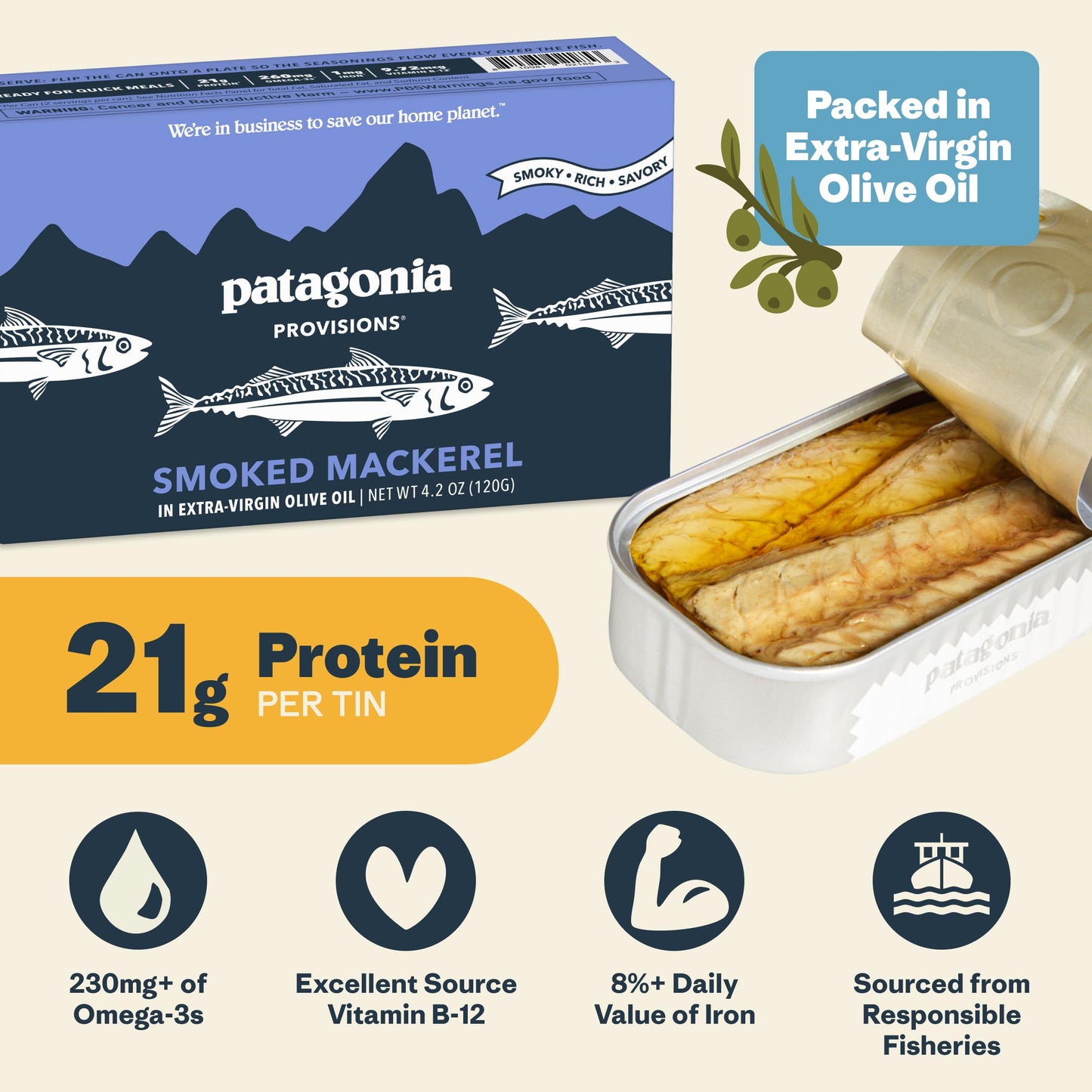 Patagonia Provisions Smoked Wild Mackerel, 22g Protein, Gluten Free, Pack of 1 (4.2 Ounce), Gray, Model 0810981021853