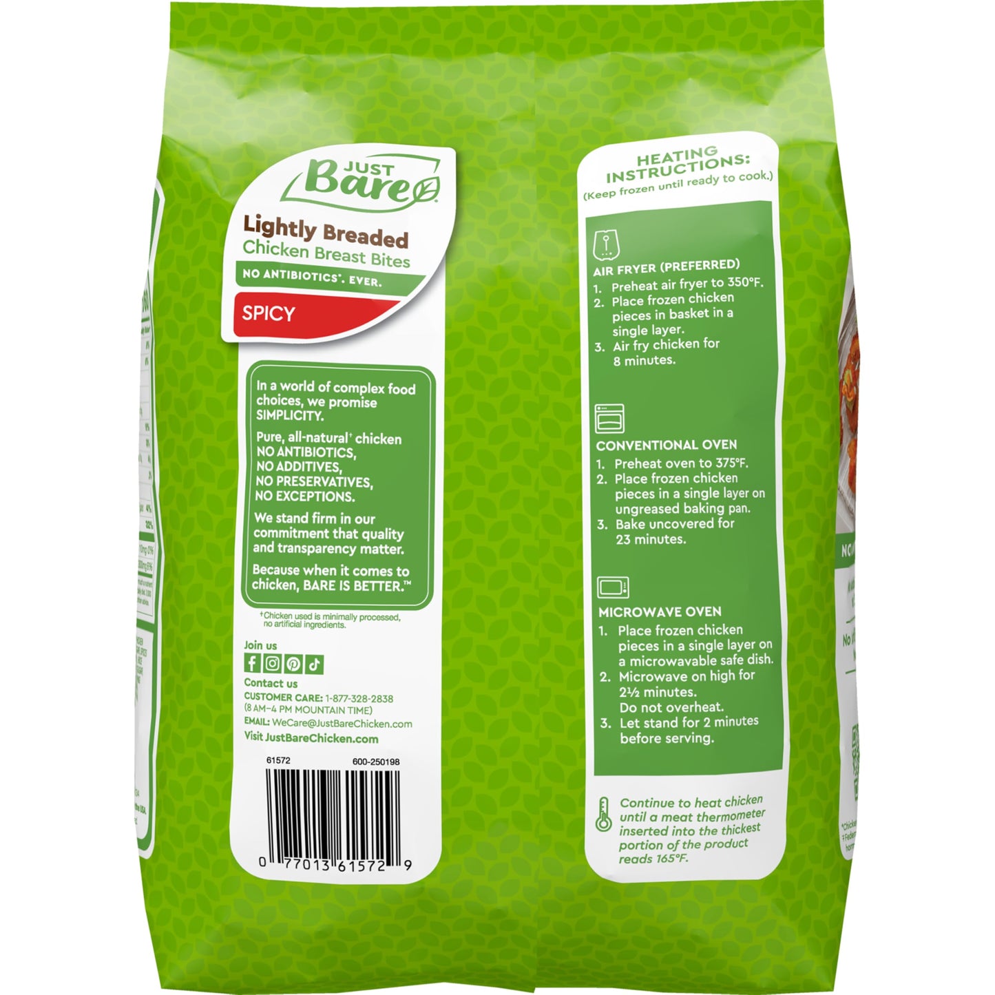 Just Bare Chicken Lightly Breaded Spicy Breast Bites | Fully Cooked |16 G Protein | Frozen | 1.50 LB