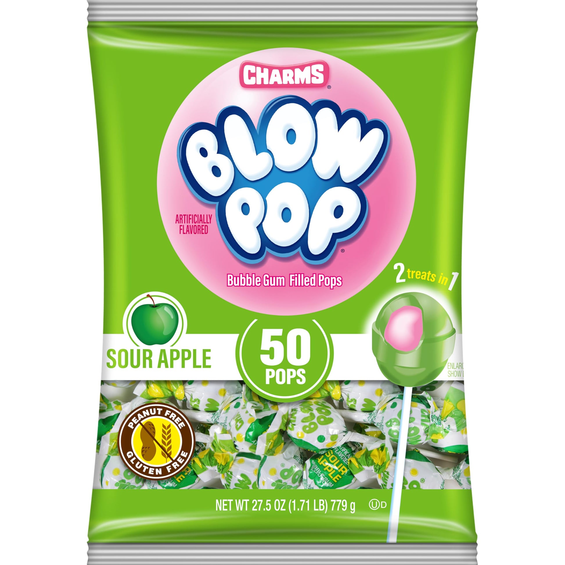 Charms Blow Pop Single Flavor Bag - Sour Apple Flavored Lollipops With A Bubble Gum Center - Individually Wrapped Hard Candy - G
