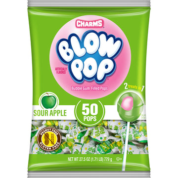 Charms Blow Pop Single Flavor Bag - Sour Apple Flavored Lollipops With A Bubble Gum Center - Individually Wrapped Hard Candy - G