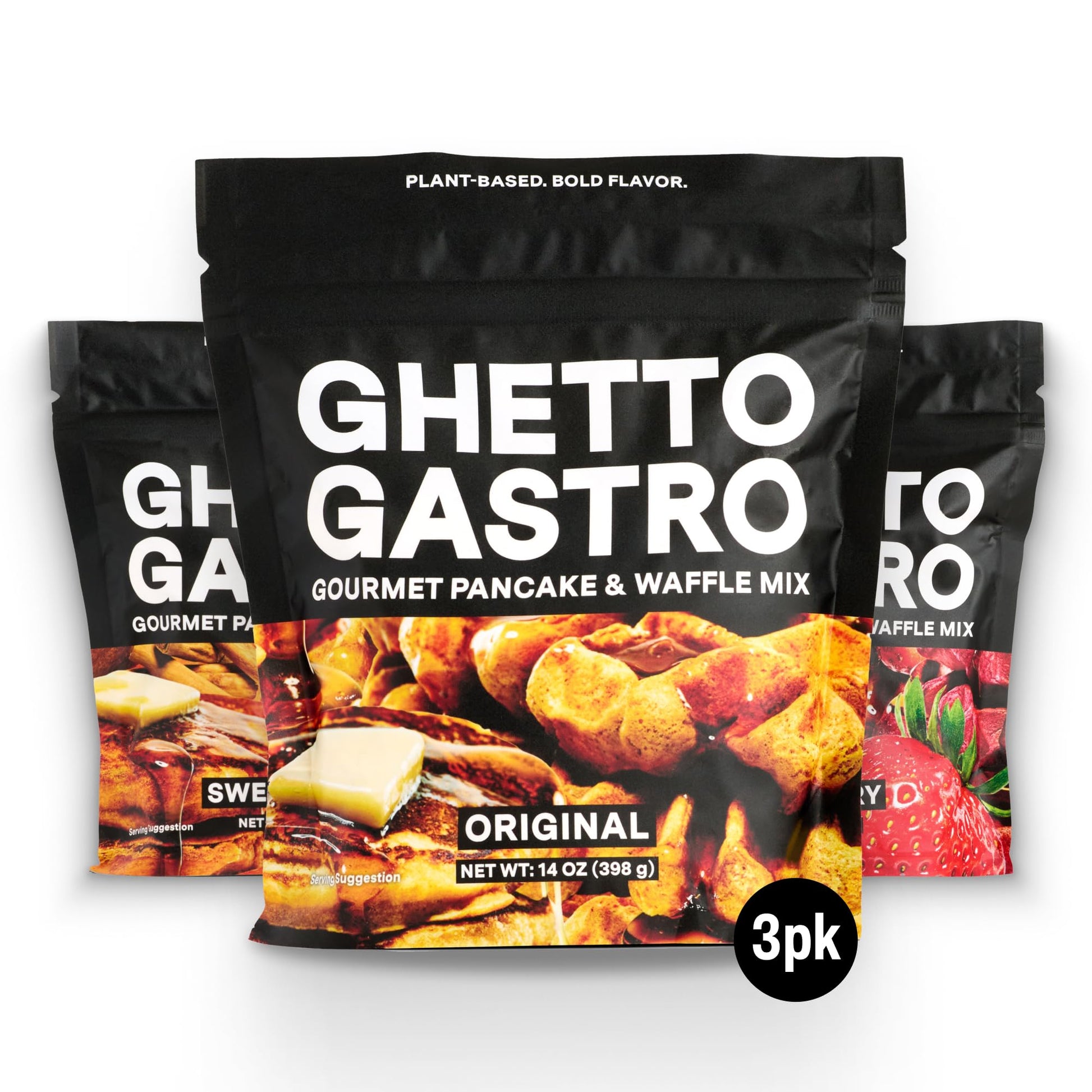 Ghetto Gastro Pancake & Waffle Mix Variety 3-Pack (Original, Sweet Potato, Strawberry) - Vegan & Non-GMO Ingredients - Kosher Ce
