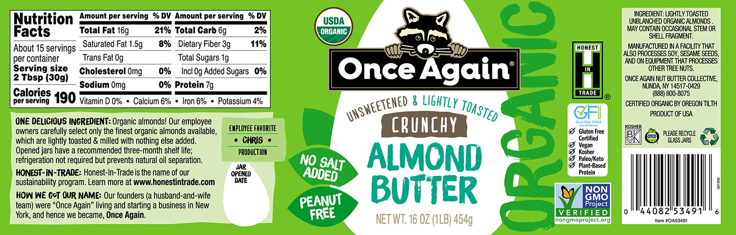 Once Again Organic Crunchy Almond Butter, 16oz - Lightly Toasted - Salt Free, Unsweetened - USDA Organic, Gluten Free Certified,
