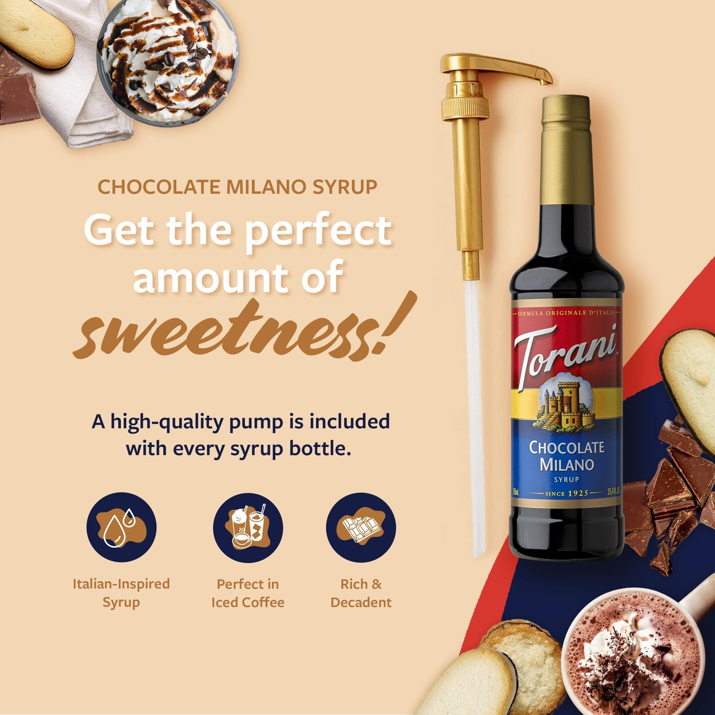 Torani Coffee Syrup, Chocolate Milano Flavored Syrup For Drinks, Pump Included, 25.4 Fl Oz