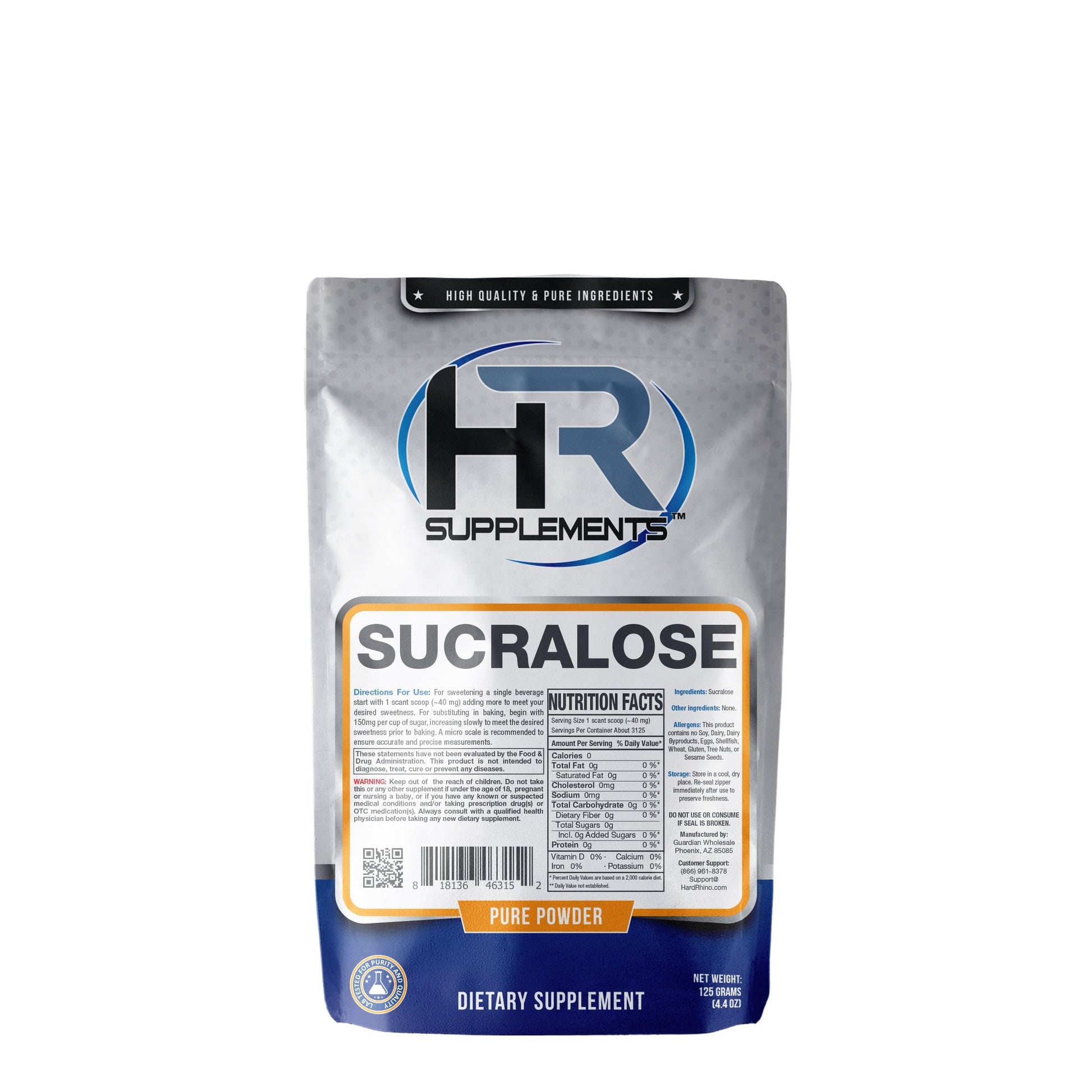 Hard Rhino Sucralose Powder - Zero Calorie Sweetener & Keto Sugar Substitute - 125 Grams (4.4 oz)