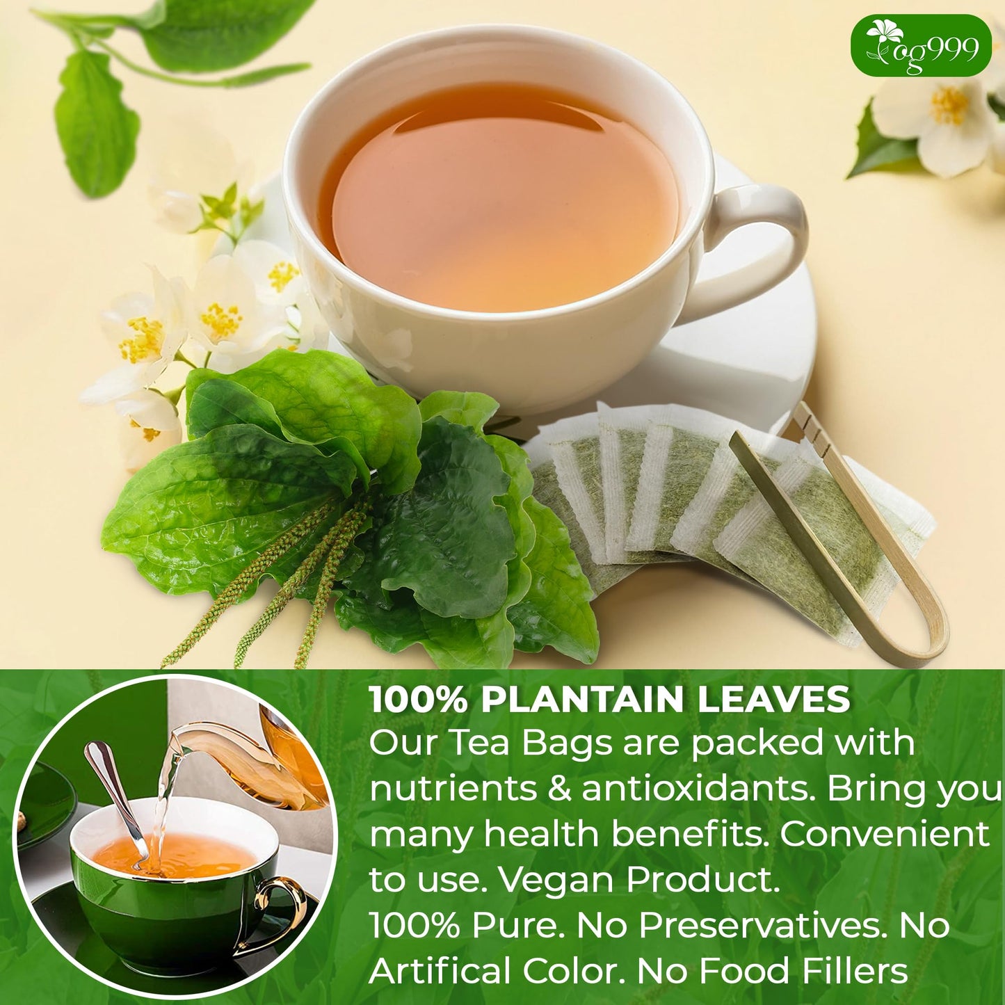 TOG999 Plantain Tea Bags, 100% Natural Loose Leaf Herbal Tea, 60 Bags, Vegan, No Sugar, No Caffeine, No Gluten