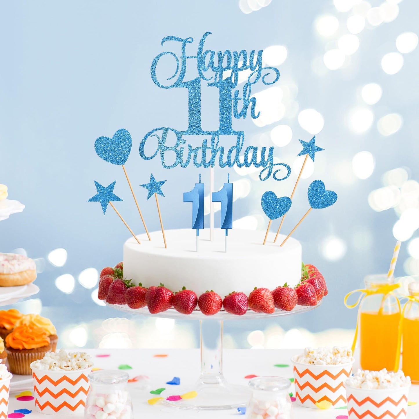 Lecferrarc 11th Birthday Cake Decorations Set, Blue Numeral Candles and Glitter Toppers for Birthday Party Supplies
