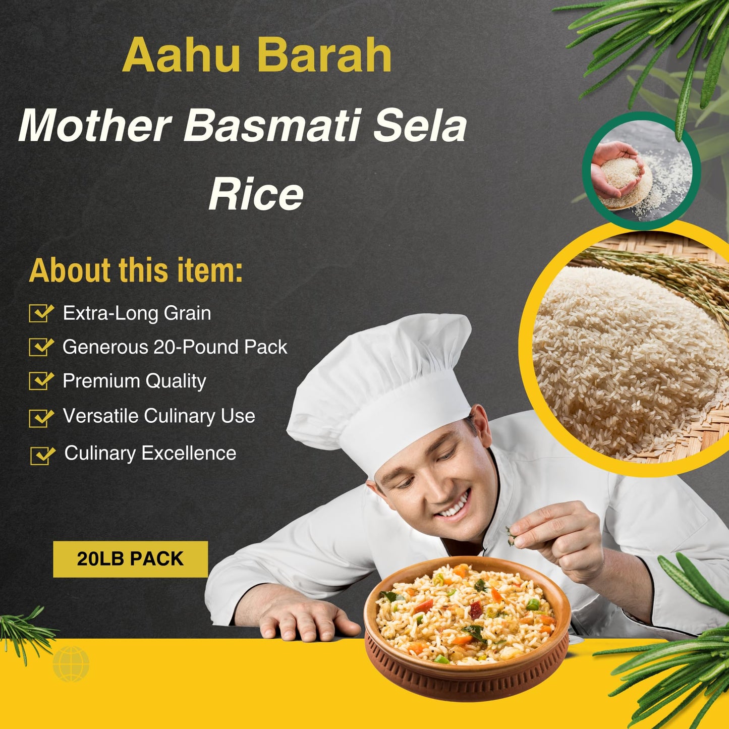 Aahu Barah Mother Basmati Sela Rice - Premium Extra-Long Grain - 20lb Pack - White