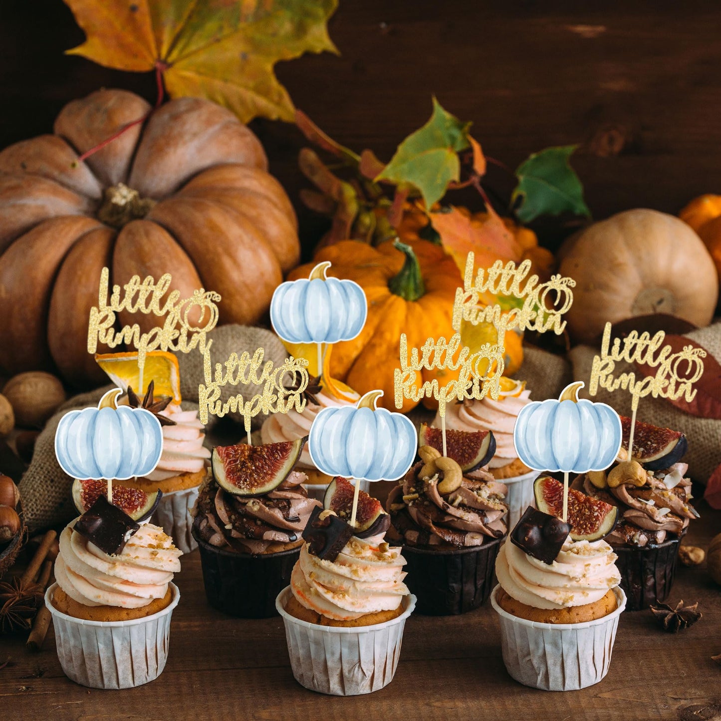 Gyufise 24Pcs Little Pumpkin Cupcake Toppers Blue Pumpkin Cake Toppers Gender Reveal Cake Decorations For Thanksgiving Birthday