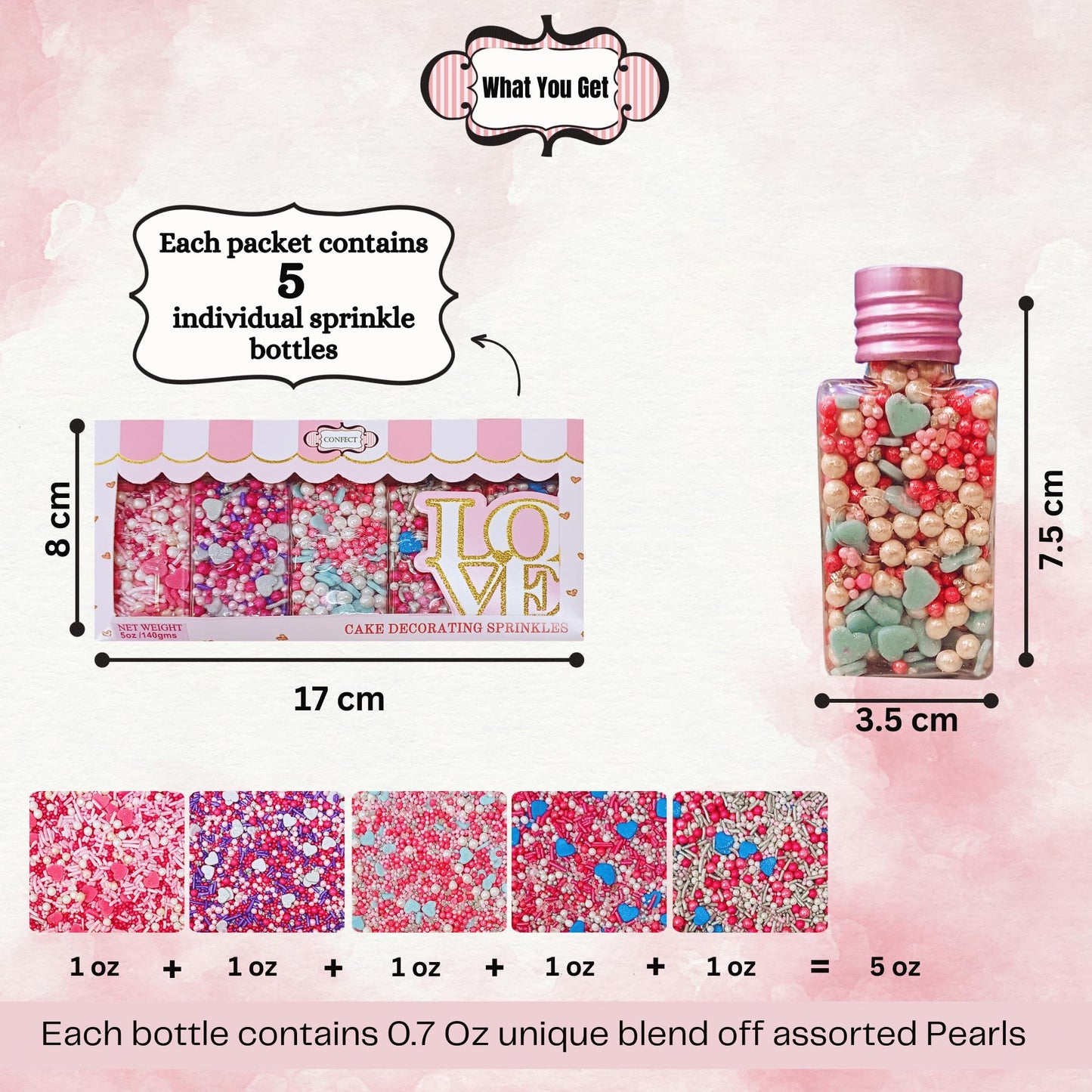 Confect Blue, Pink & White Pearl Heart Sprinkles Mix - Edible Baking Decorations For Cakes, Cupcakes, Cookies - Baby Shower & Fr