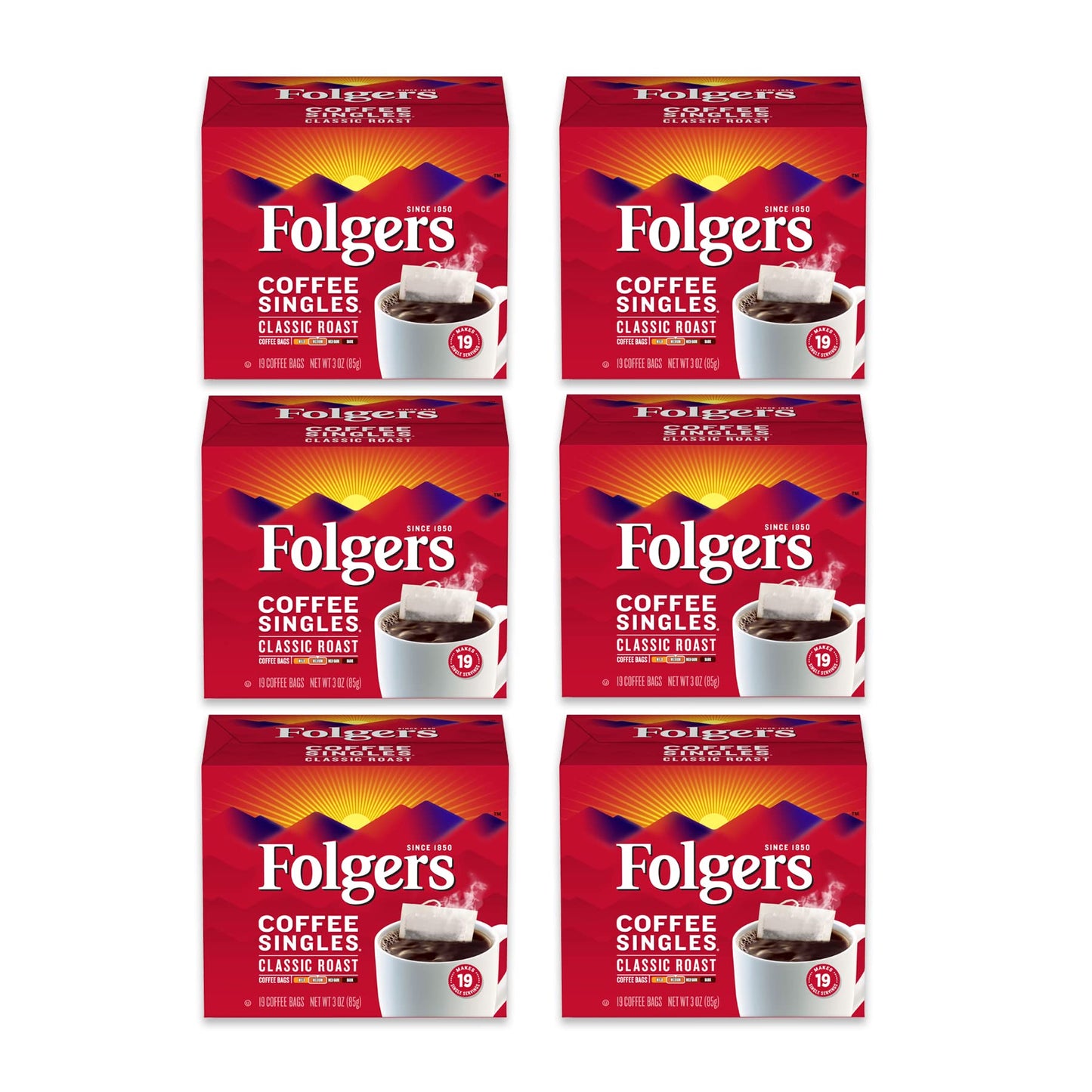 Folgers Coffee Singles Classic Medium Roast Coffee Bags 19 Count (Pack Of 6)