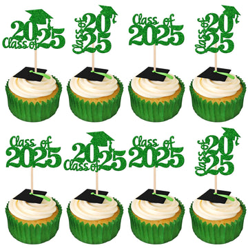 30 PCS Class of 2025 Cupcake Toppers Glitter Graduation Cap Cupcake Picks for 2025 High School Graduation Theme Party Cake Decor