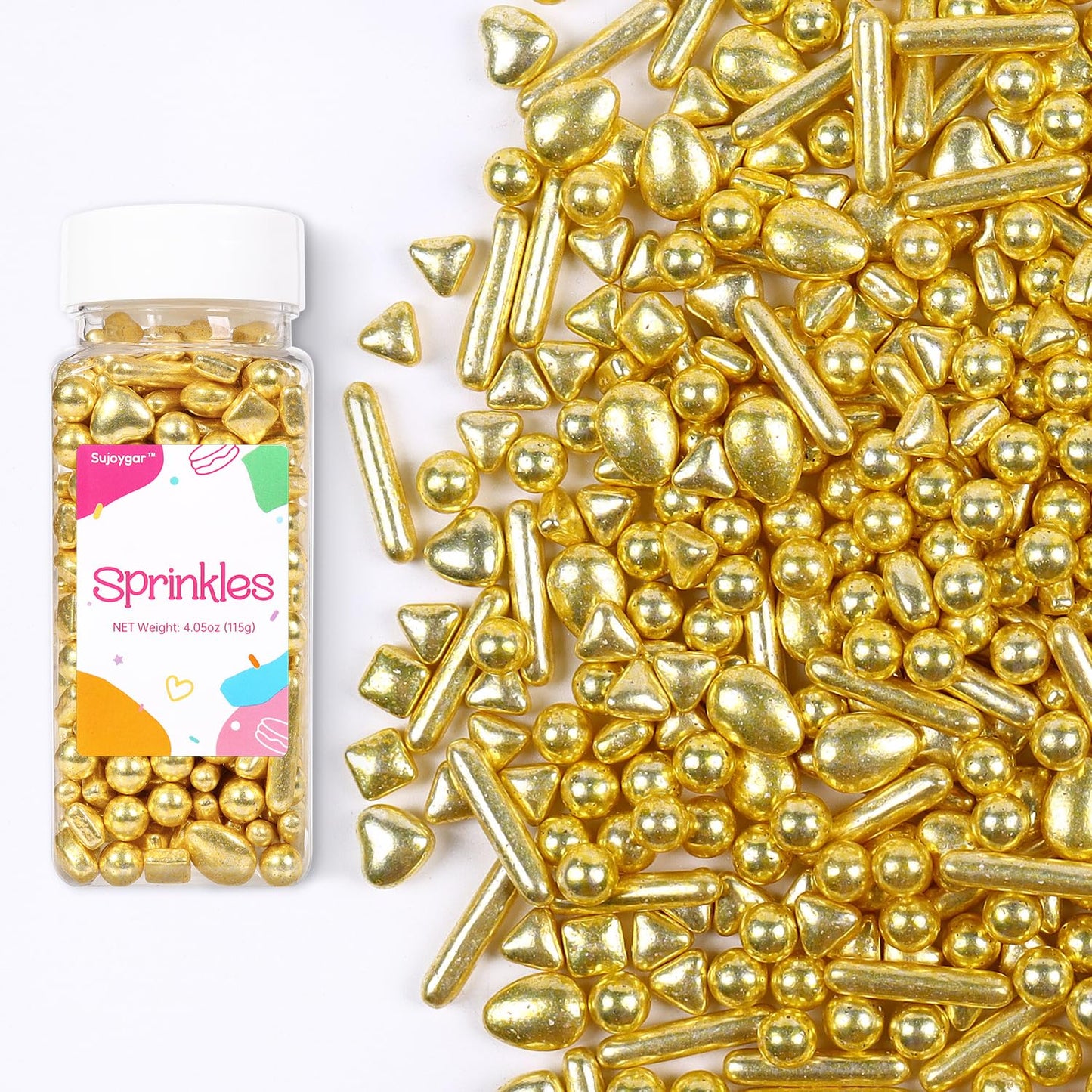 Gold Sprinkles for Cake Decorating, Metallic Sprinkles for Baking Cupcake Toppers Cookie Decorations, Gold Pearls Rods Sugar for